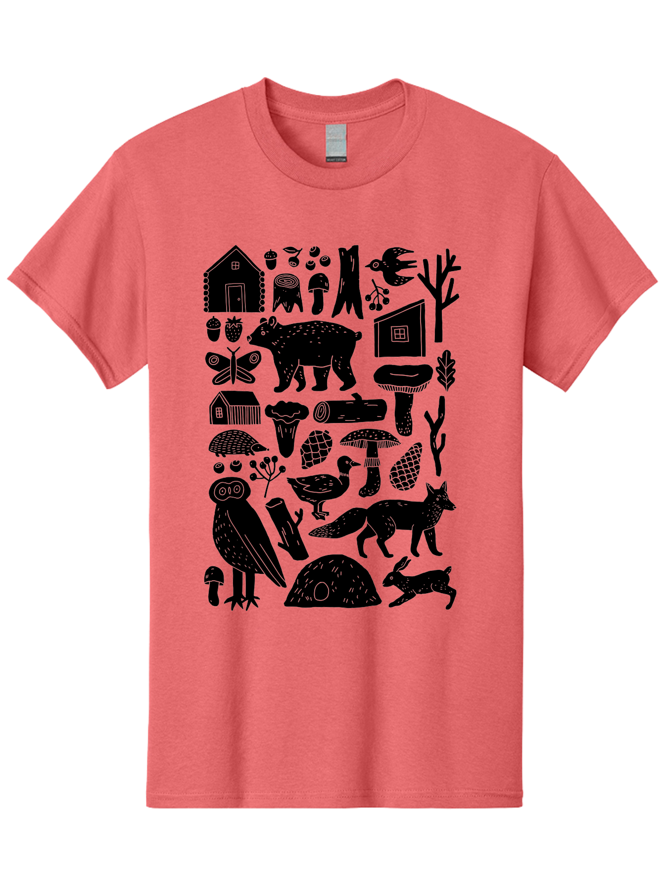 Forest-Creatures Men'S Graphic Tee, 100% Cotton, Comfortable Casual Summer Wear, Machine Washable, Forest Wildlife, Bear, Owl, Fox, Rabbit, Birds, Trees, Mushrooms, Houses, Log, Berries, Butterfly, Duck, Natural Scenery, Wildlife Icons, - Aaa593