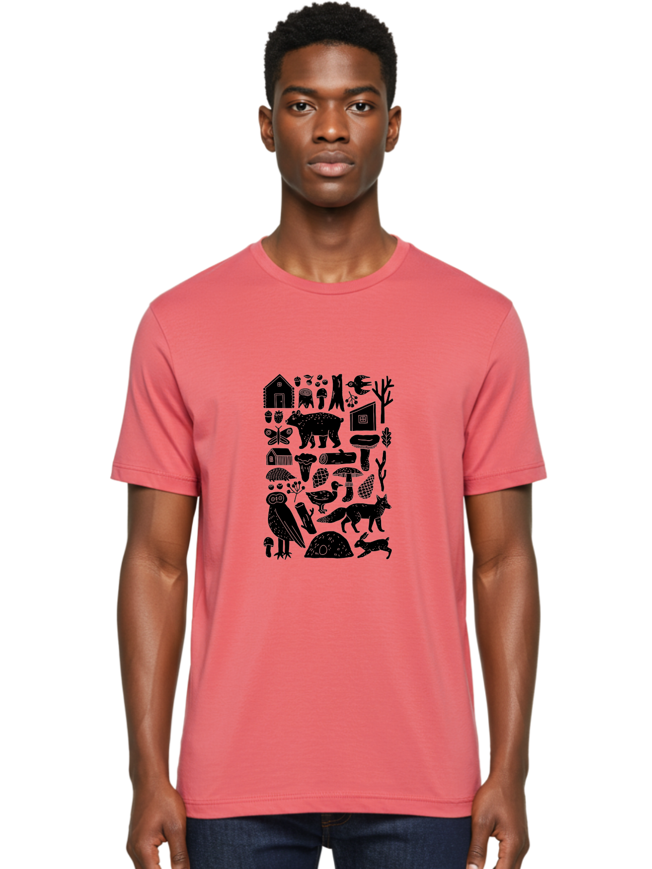Forest-Creatures Men'S Graphic Tee, 100% Cotton, Comfortable Casual Summer Wear, Machine Washable, Forest Wildlife, Bear, Owl, Fox, Rabbit, Birds, Trees, Mushrooms, Houses, Log, Berries, Butterfly, Duck, Natural Scenery, Wildlife Icons, - Aaa593