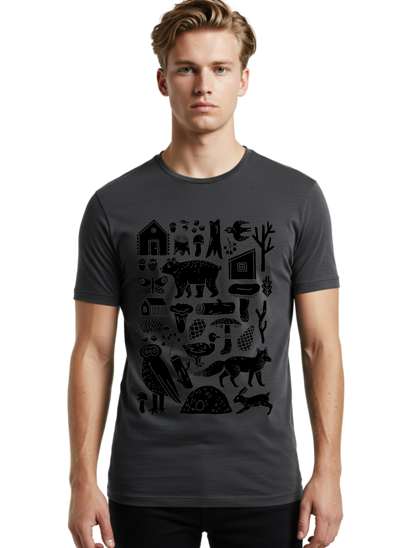 forest wildlife, bear, owl, fox, rabbit, birds, trees, mushrooms, houses, log, berries, butterfly, duck, natural scenery, wildlife icons, forest elements, wild animals