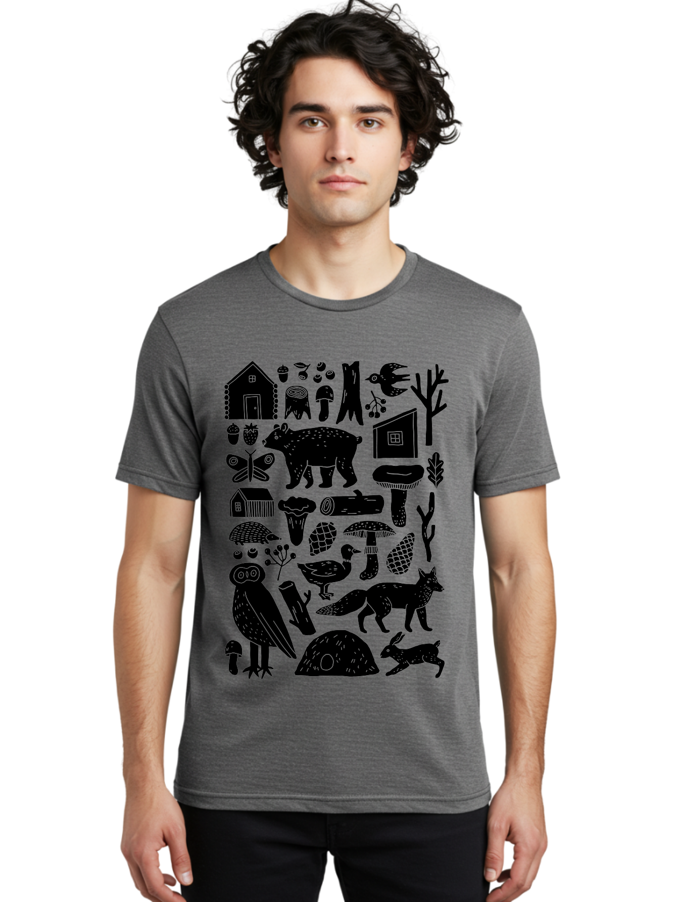 forest wildlife, bear, owl, fox, rabbit, birds, trees, mushrooms, houses, log, berries, butterfly, duck, natural scenery, wildlife icons, forest elements, wild animals