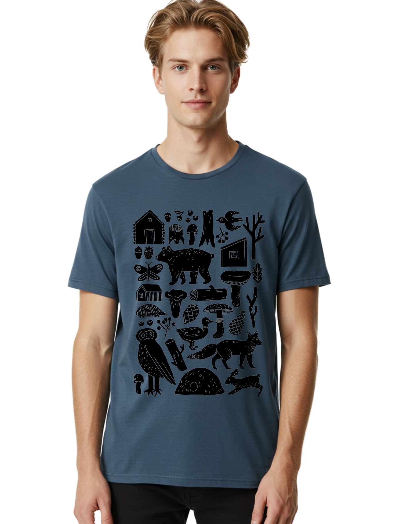 Forest-Creatures Men'S Graphic Tee, 100% Cotton, Comfortable Casual Summer Wear, Machine Washable, Forest Wildlife, Bear, Owl, Fox, Rabbit, Birds, Trees, Mushrooms, Houses, Log, Berries, Butterfly, Duck, Natural Scenery, Wildlife Icons, - Aaa593