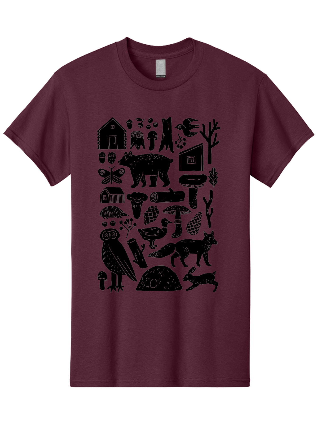 Forest-Creatures Men'S Graphic Tee, 100% Cotton, Comfortable Casual Summer Wear, Machine Washable, Forest Wildlife, Bear, Owl, Fox, Rabbit, Birds, Trees, Mushrooms, Houses, Log, Berries, Butterfly, Duck, Natural Scenery, Wildlife Icons, - Aaa593