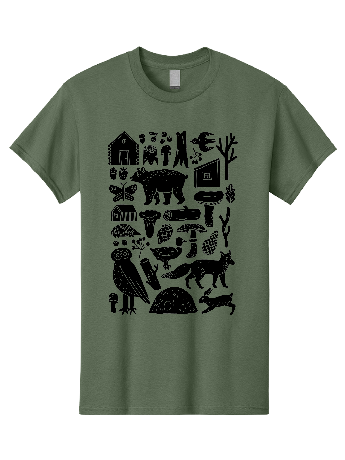 Forest-Creatures Men'S Graphic Tee, 100% Cotton, Comfortable Casual Summer Wear, Machine Washable, Forest Wildlife, Bear, Owl, Fox, Rabbit, Birds, Trees, Mushrooms, Houses, Log, Berries, Butterfly, Duck, Natural Scenery, Wildlife Icons, - Aaa593