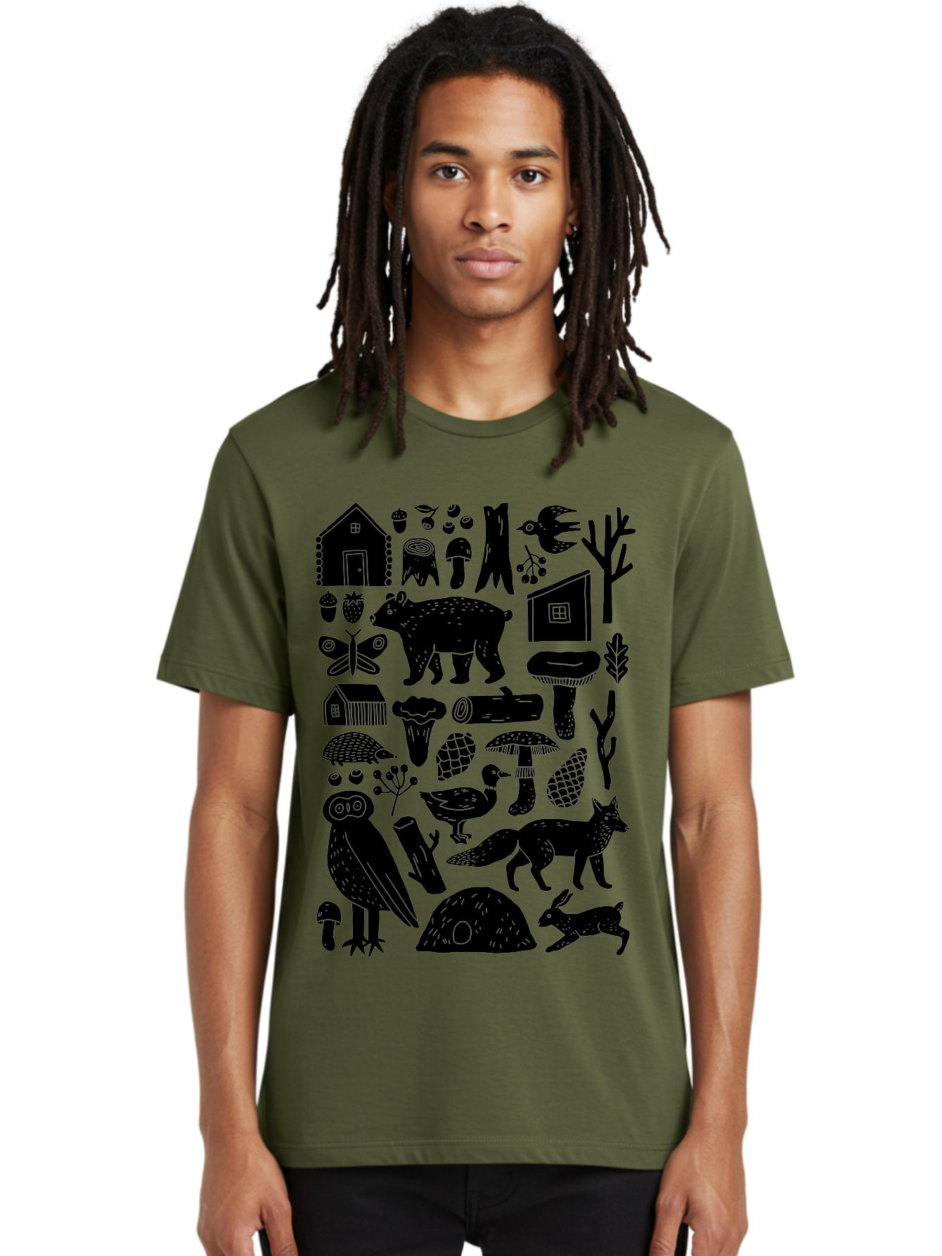forest wildlife, bear, owl, fox, rabbit, birds, trees, mushrooms, houses, log, berries, butterfly, duck, natural scenery, wildlife icons, forest elements, wild animals