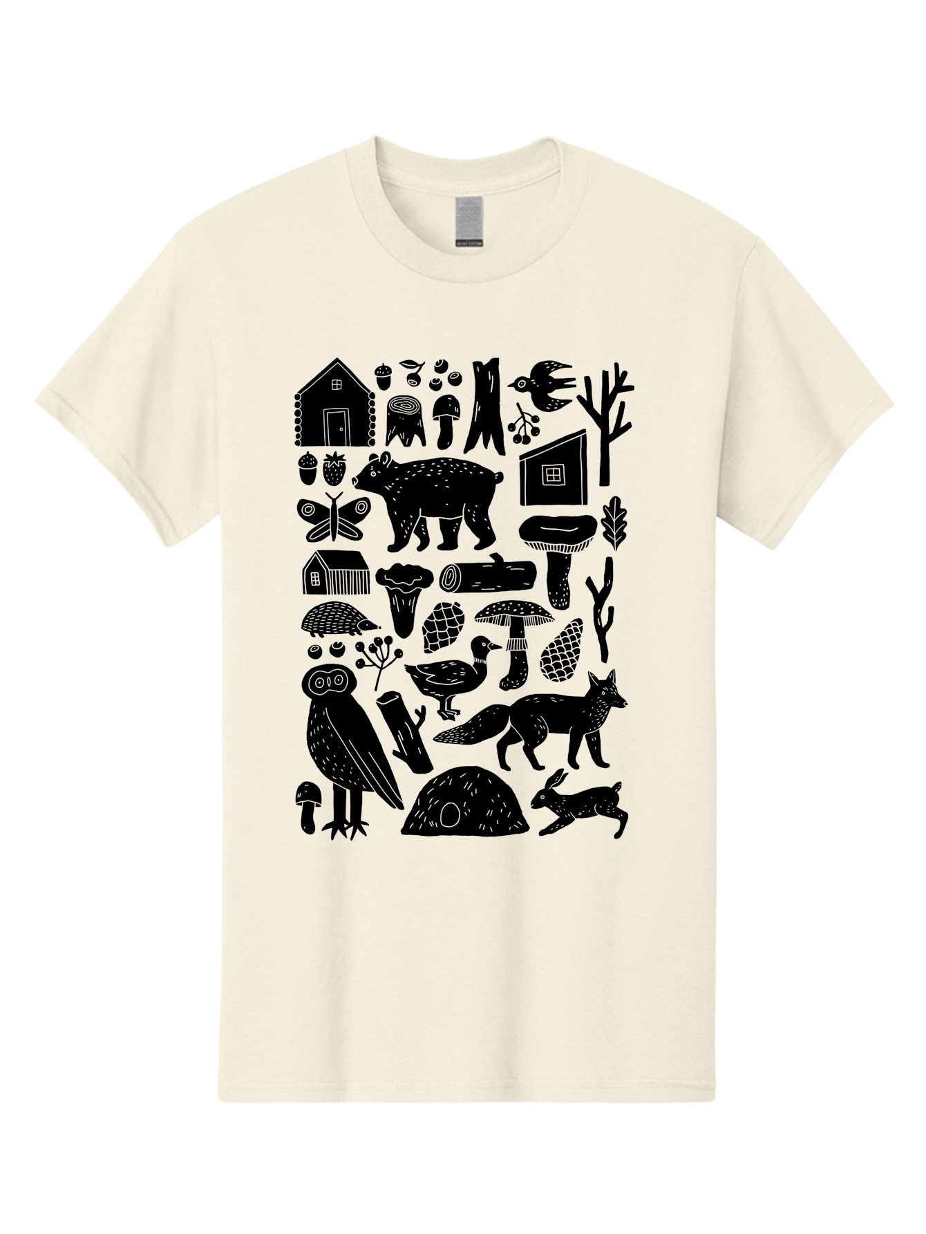 Forest-Creatures Men'S Graphic Tee, 100% Cotton, Comfortable Casual Summer Wear, Machine Washable, Forest Wildlife, Bear, Owl, Fox, Rabbit, Birds, Trees, Mushrooms, Houses, Log, Berries, Butterfly, Duck, Natural Scenery, Wildlife Icons, - Aaa593