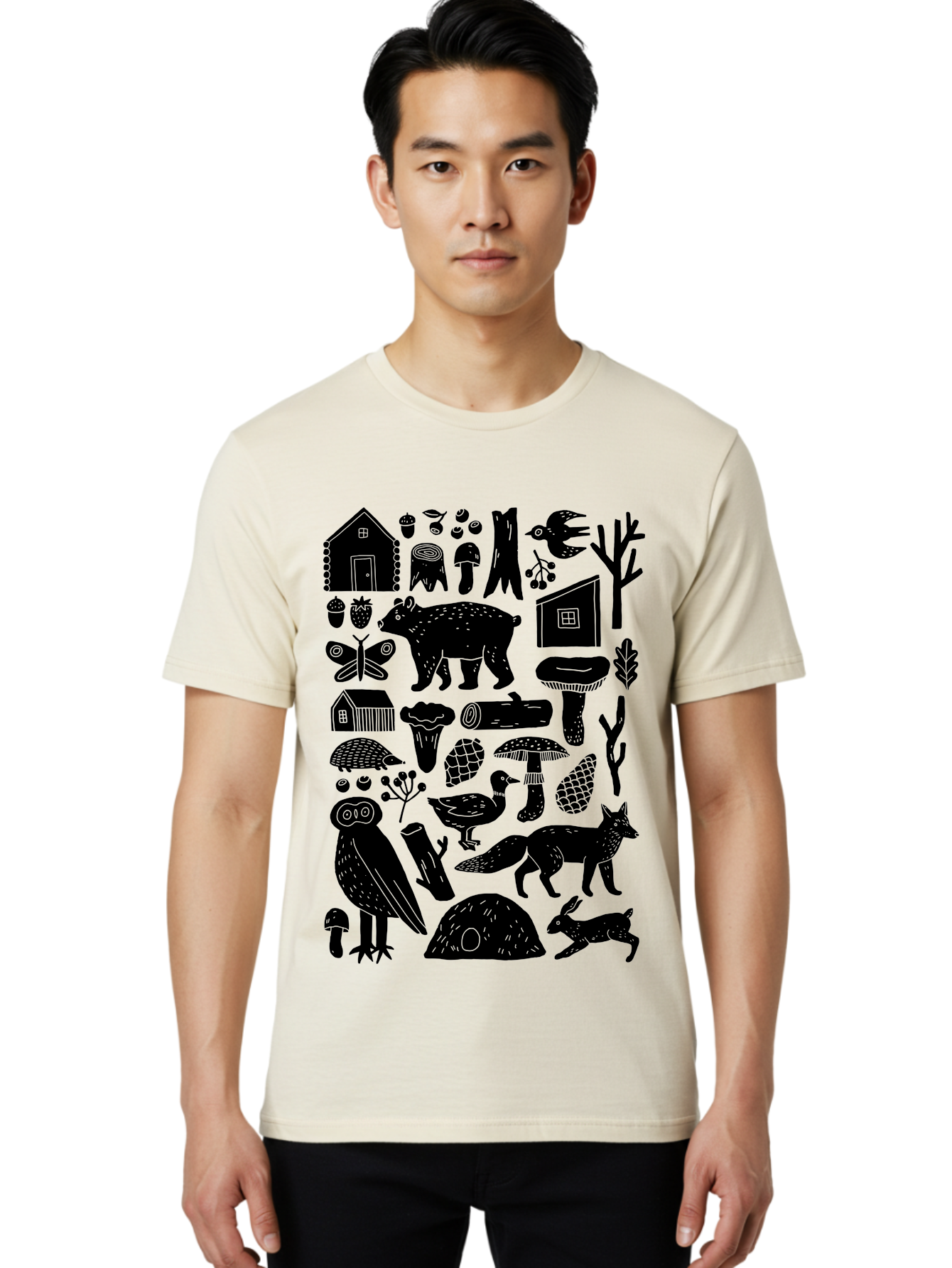 Forest-Creatures Men'S Graphic Tee, 100% Cotton, Comfortable Casual Summer Wear, Machine Washable, Forest Wildlife, Bear, Owl, Fox, Rabbit, Birds, Trees, Mushrooms, Houses, Log, Berries, Butterfly, Duck, Natural Scenery, Wildlife Icons, - Aaa593