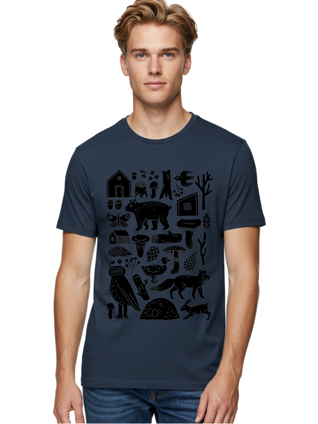 Forest-Creatures Men'S Graphic Tee, 100% Cotton, Comfortable Casual Summer Wear, Machine Washable, Forest Wildlife, Bear, Owl, Fox, Rabbit, Birds, Trees, Mushrooms, Houses, Log, Berries, Butterfly, Duck, Natural Scenery, Wildlife Icons, - Aaa593