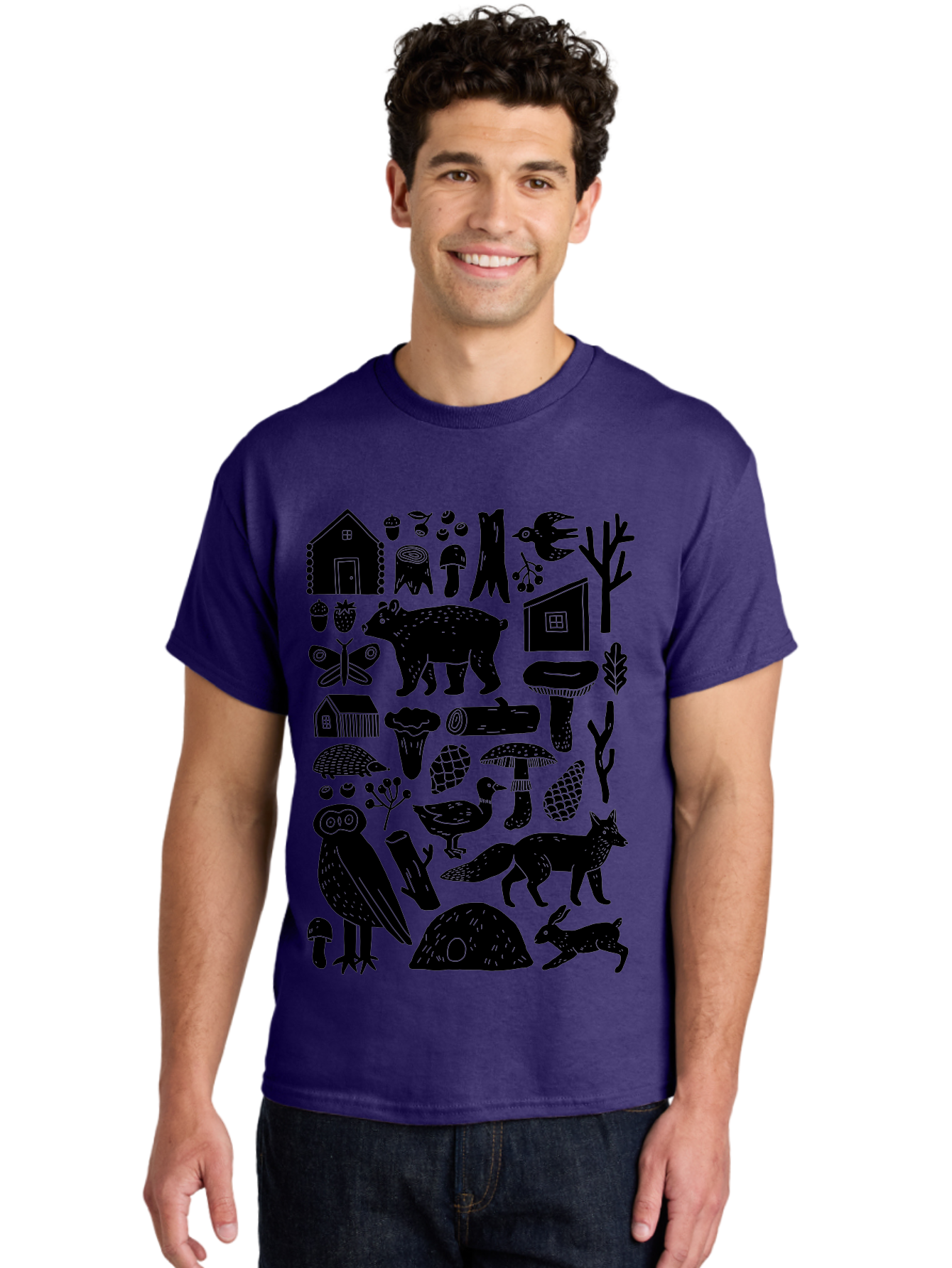 forest wildlife, bear, owl, fox, rabbit, birds, trees, mushrooms, houses, log, berries, butterfly, duck, natural scenery, wildlife icons, forest elements, wild animals