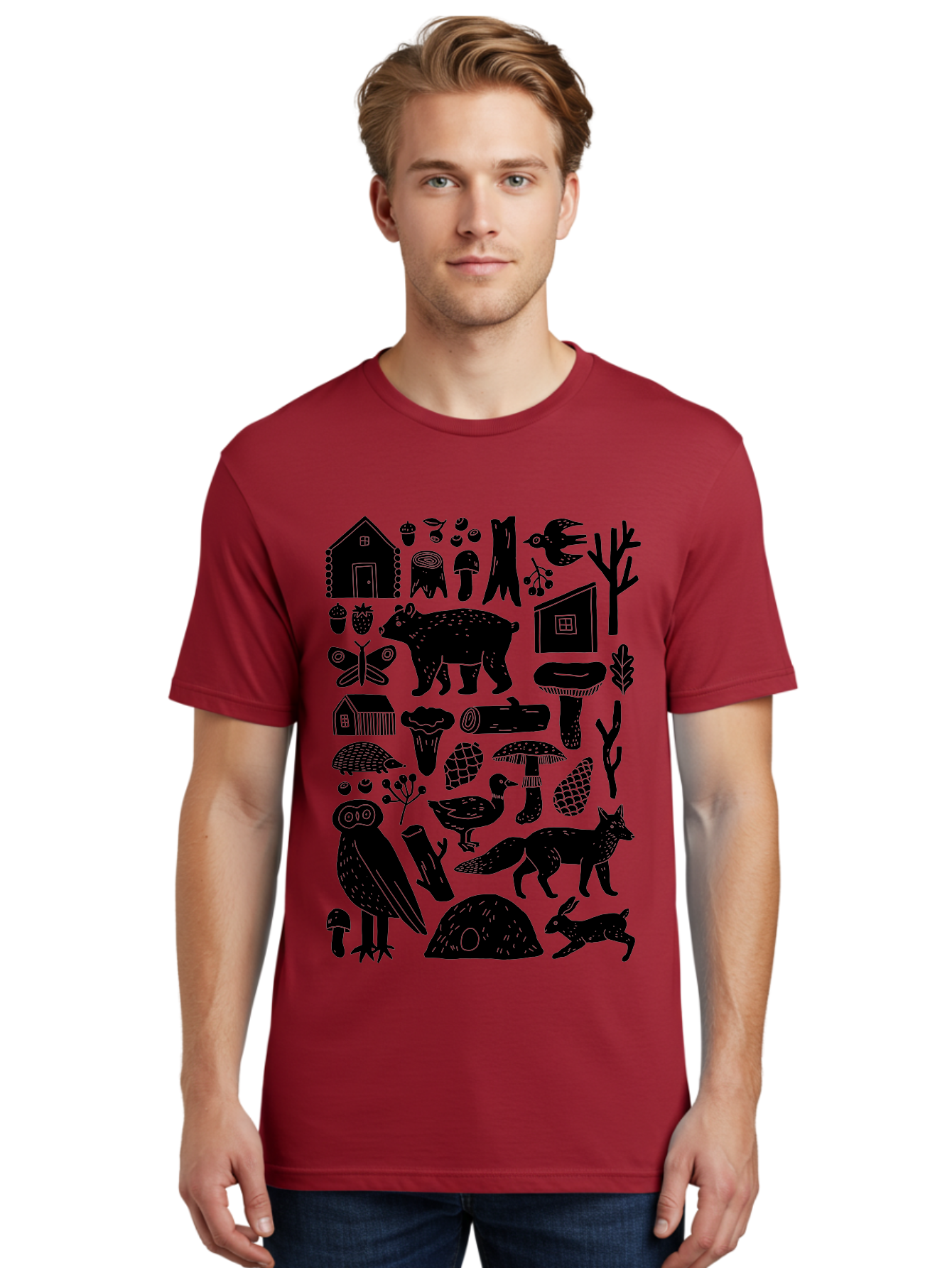 forest wildlife, bear, owl, fox, rabbit, birds, trees, mushrooms, houses, log, berries, butterfly, duck, natural scenery, wildlife icons, forest elements, wild animals