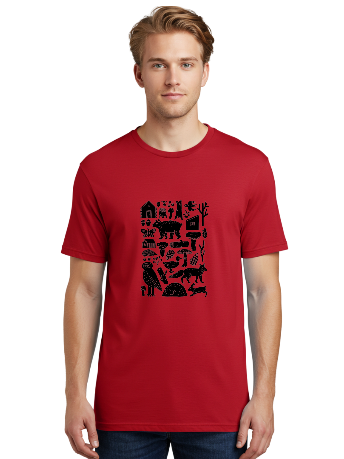 Forest-Creatures Men'S Graphic Tee, 100% Cotton, Comfortable Casual Summer Wear, Machine Washable, Forest Wildlife, Bear, Owl, Fox, Rabbit, Birds, Trees, Mushrooms, Houses, Log, Berries, Butterfly, Duck, Natural Scenery, Wildlife Icons, - Aaa593