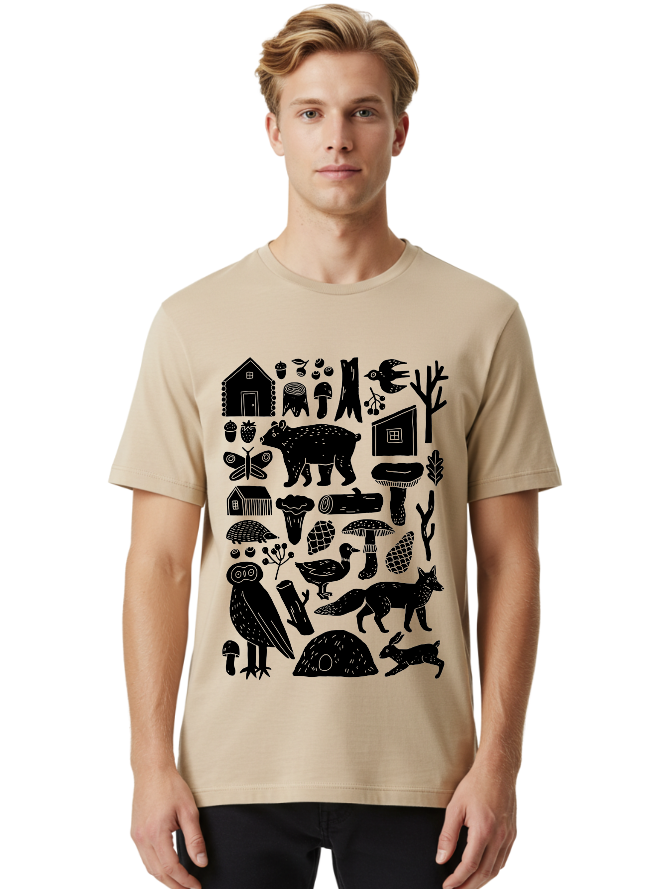 forest wildlife, bear, owl, fox, rabbit, birds, trees, mushrooms, houses, log, berries, butterfly, duck, natural scenery, wildlife icons, forest elements, wild animals