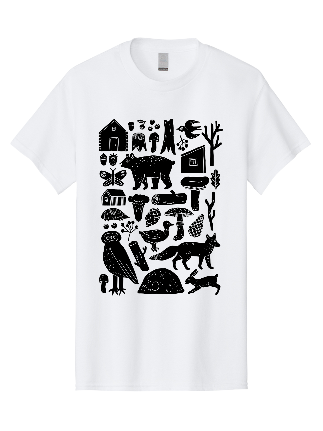 Forest-Creatures Men'S Graphic Tee, 100% Cotton, Comfortable Casual Summer Wear, Machine Washable, Forest Wildlife, Bear, Owl, Fox, Rabbit, Birds, Trees, Mushrooms, Houses, Log, Berries, Butterfly, Duck, Natural Scenery, Wildlife Icons, - Aaa593
