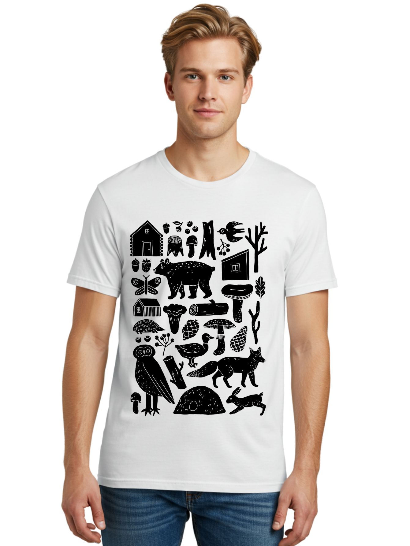 forest wildlife, bear, owl, fox, rabbit, birds, trees, mushrooms, houses, log, berries, butterfly, duck, natural scenery, wildlife icons, forest elements, wild animals