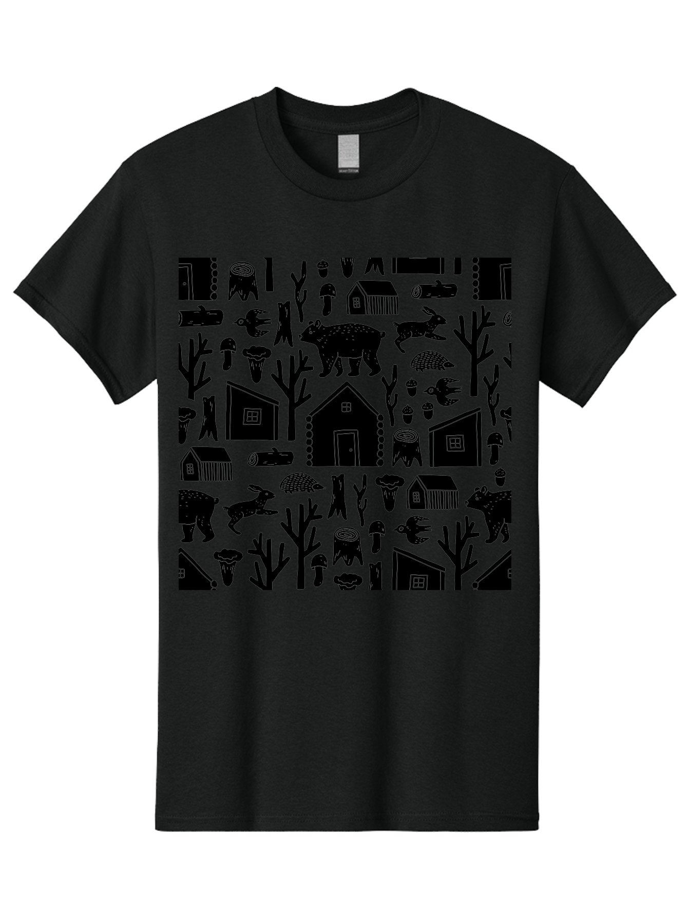 Forest-Pattern Men'S Graphic Tee, 100% Cotton, Comfortable Casual Summer Wear, Machine Washable, Woodland Animals, Forest Scenery, Trees, Houses, Mushrooms, Rabbit, Bear, Log Cabin, Wildlife, Nature-Inspired Design, Cozy Atmosphere, - Aaa594