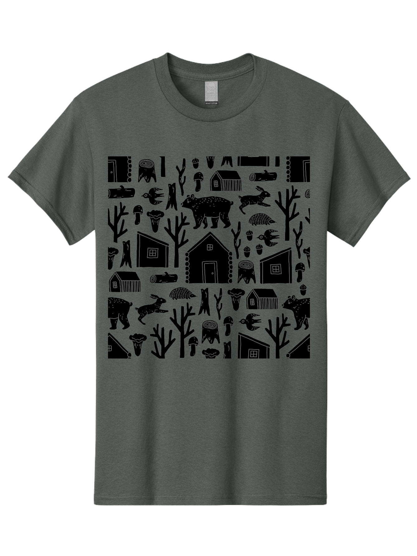 Forest-Pattern Men'S Graphic Tee, 100% Cotton, Comfortable Casual Summer Wear, Machine Washable, Woodland Animals, Forest Scenery, Trees, Houses, Mushrooms, Rabbit, Bear, Log Cabin, Wildlife, Nature-Inspired Design, Cozy Atmosphere, - Aaa594