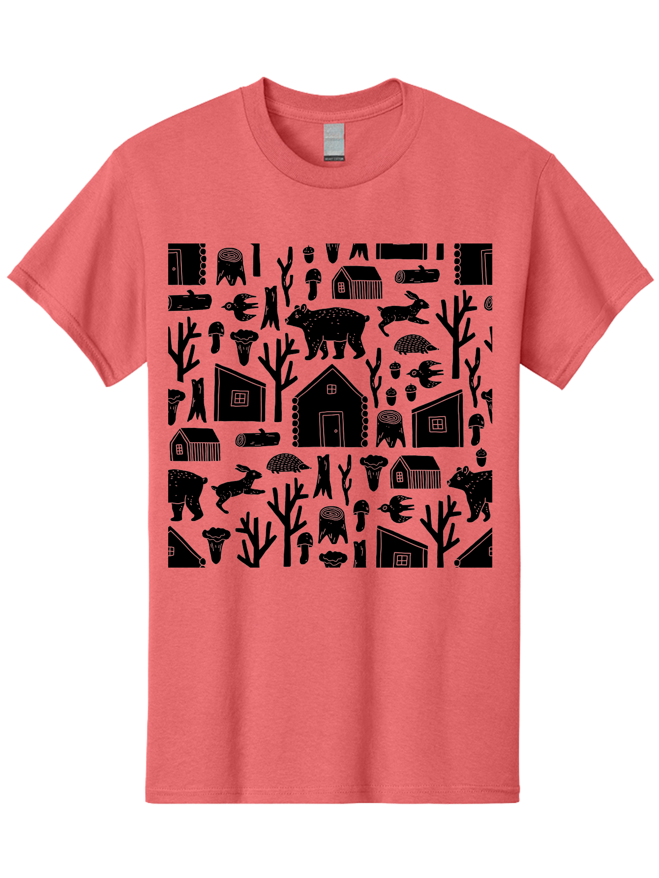 Forest-Pattern Men'S Graphic Tee, 100% Cotton, Comfortable Casual Summer Wear, Machine Washable, Woodland Animals, Forest Scenery, Trees, Houses, Mushrooms, Rabbit, Bear, Log Cabin, Wildlife, Nature-Inspired Design, Cozy Atmosphere, - Aaa594