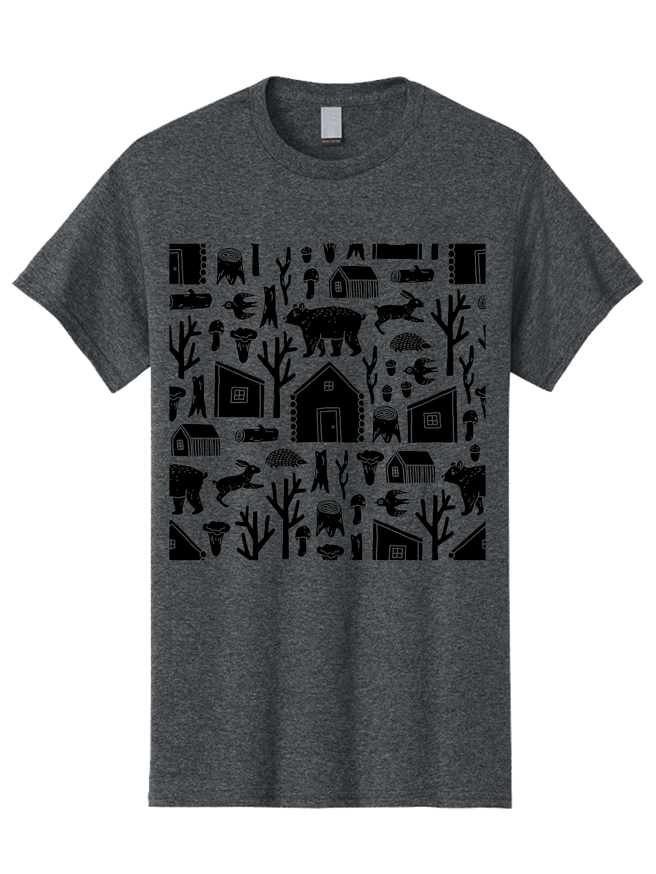 Forest-Pattern Men'S Graphic Tee, 100% Cotton, Comfortable Casual Summer Wear, Machine Washable, Woodland Animals, Forest Scenery, Trees, Houses, Mushrooms, Rabbit, Bear, Log Cabin, Wildlife, Nature-Inspired Design, Cozy Atmosphere, - Aaa594