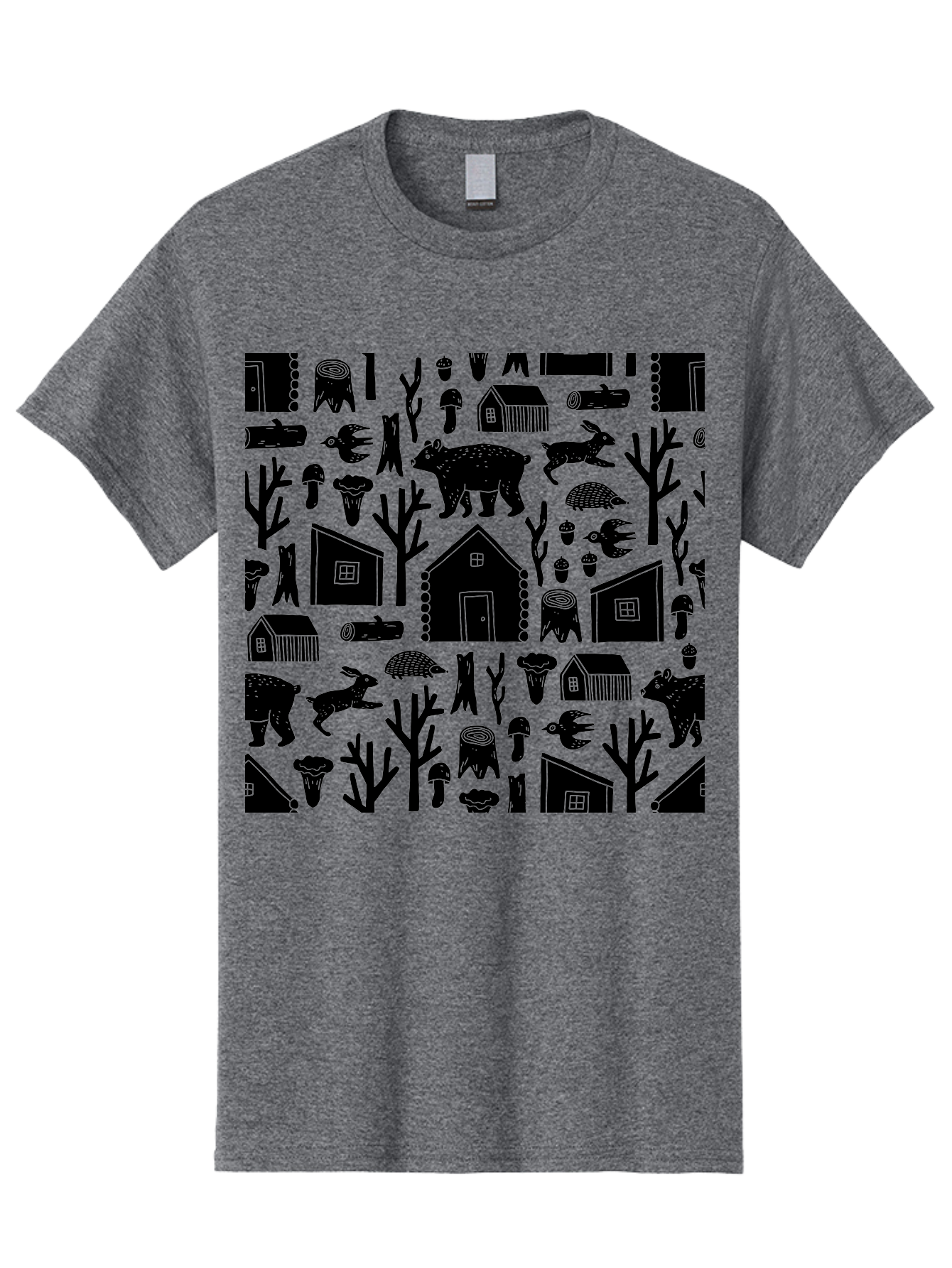 Forest-Pattern Men'S Graphic Tee, 100% Cotton, Comfortable Casual Summer Wear, Machine Washable, Woodland Animals, Forest Scenery, Trees, Houses, Mushrooms, Rabbit, Bear, Log Cabin, Wildlife, Nature-Inspired Design, Cozy Atmosphere, - Aaa594