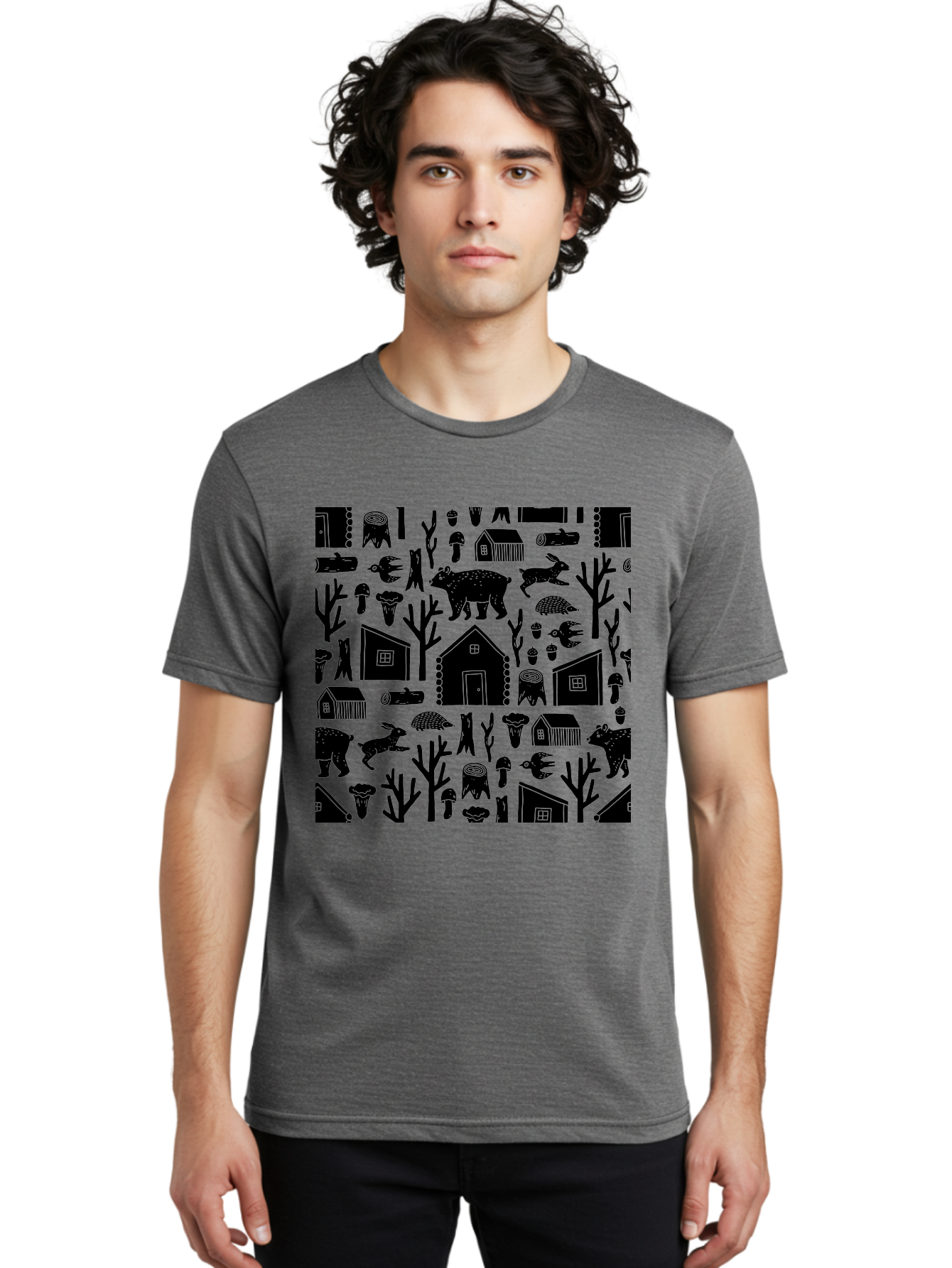 Forest-Pattern Men'S Graphic Tee, 100% Cotton, Comfortable Casual Summer Wear, Machine Washable, Woodland Animals, Forest Scenery, Trees, Houses, Mushrooms, Rabbit, Bear, Log Cabin, Wildlife, Nature-Inspired Design, Cozy Atmosphere, - Aaa594