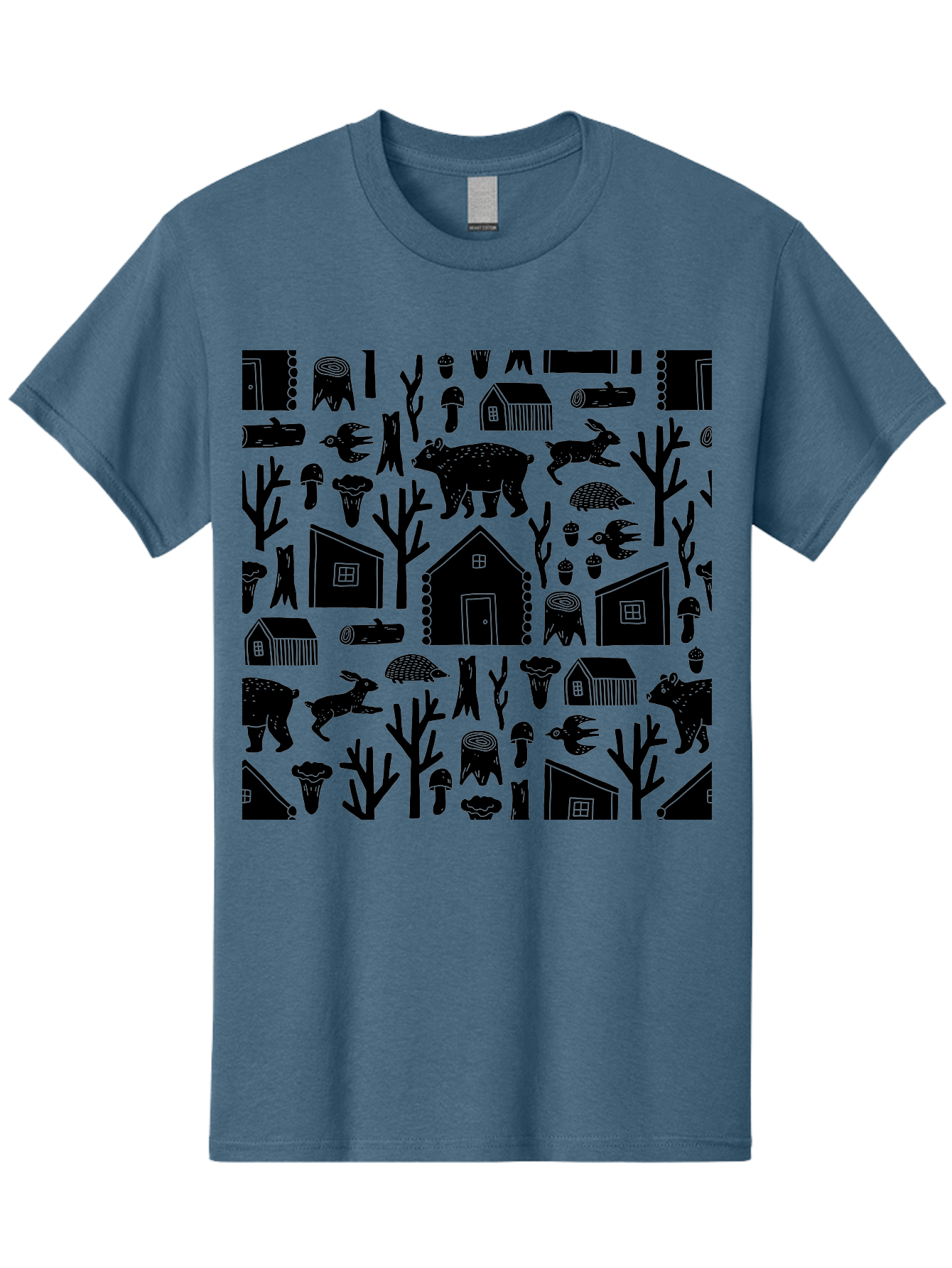 Forest-Pattern Men'S Graphic Tee, 100% Cotton, Comfortable Casual Summer Wear, Machine Washable, Woodland Animals, Forest Scenery, Trees, Houses, Mushrooms, Rabbit, Bear, Log Cabin, Wildlife, Nature-Inspired Design, Cozy Atmosphere, - Aaa594