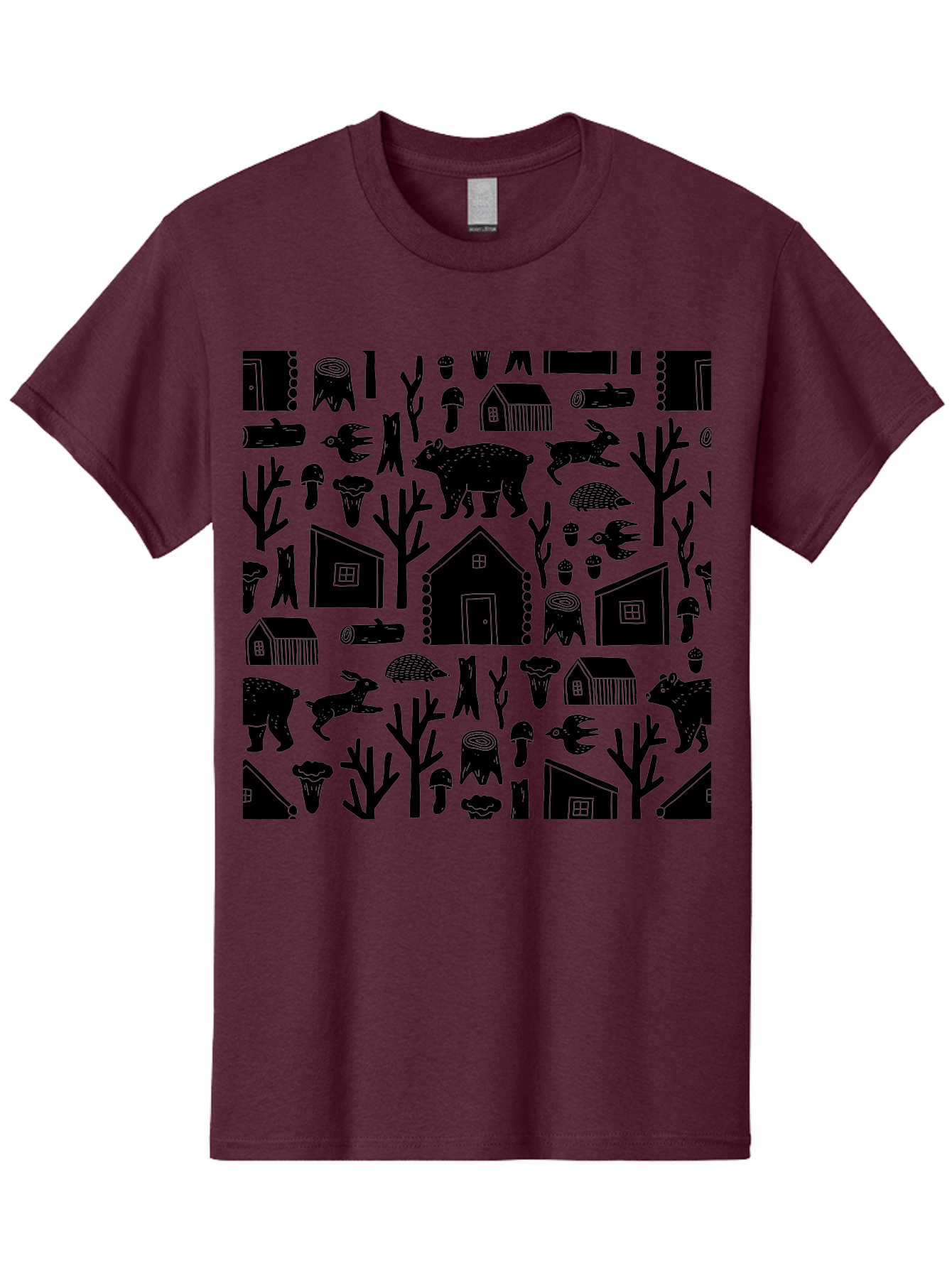 Forest-Pattern Men'S Graphic Tee, 100% Cotton, Comfortable Casual Summer Wear, Machine Washable, Woodland Animals, Forest Scenery, Trees, Houses, Mushrooms, Rabbit, Bear, Log Cabin, Wildlife, Nature-Inspired Design, Cozy Atmosphere, - Aaa594