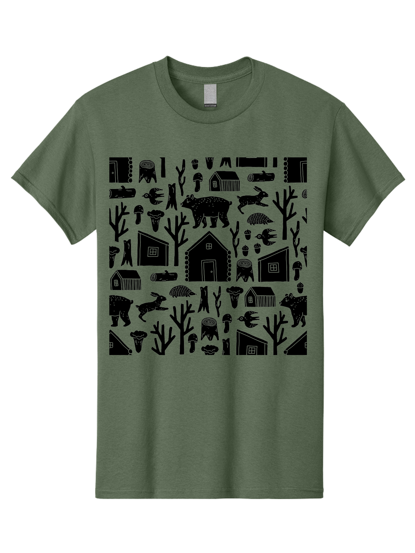 Forest-Pattern Men'S Graphic Tee, 100% Cotton, Comfortable Casual Summer Wear, Machine Washable, Woodland Animals, Forest Scenery, Trees, Houses, Mushrooms, Rabbit, Bear, Log Cabin, Wildlife, Nature-Inspired Design, Cozy Atmosphere, - Aaa594