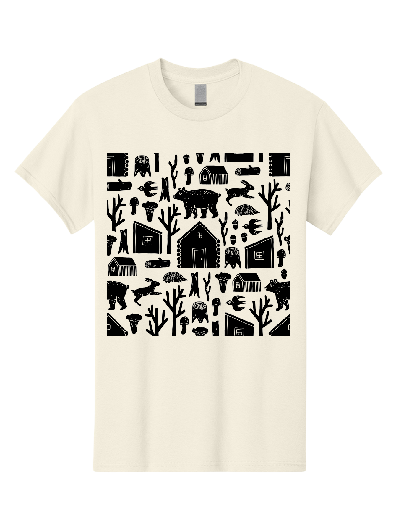 Forest-Pattern Men'S Graphic Tee, 100% Cotton, Comfortable Casual Summer Wear, Machine Washable, Woodland Animals, Forest Scenery, Trees, Houses, Mushrooms, Rabbit, Bear, Log Cabin, Wildlife, Nature-Inspired Design, Cozy Atmosphere, - Aaa594