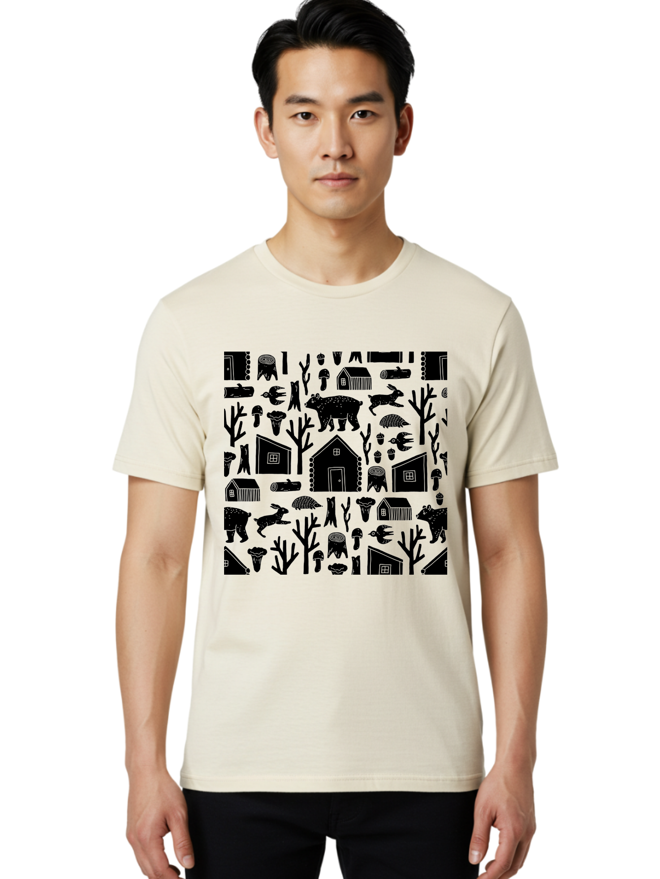 Forest-Pattern Men'S Graphic Tee, 100% Cotton, Comfortable Casual Summer Wear, Machine Washable, Woodland Animals, Forest Scenery, Trees, Houses, Mushrooms, Rabbit, Bear, Log Cabin, Wildlife, Nature-Inspired Design, Cozy Atmosphere, - Aaa594
