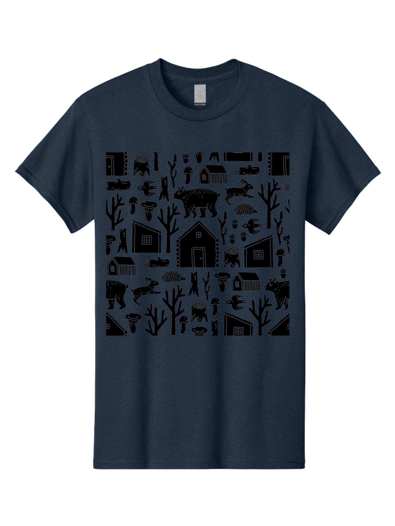 Forest-Pattern Men'S Graphic Tee, 100% Cotton, Comfortable Casual Summer Wear, Machine Washable, Woodland Animals, Forest Scenery, Trees, Houses, Mushrooms, Rabbit, Bear, Log Cabin, Wildlife, Nature-Inspired Design, Cozy Atmosphere, - Aaa594