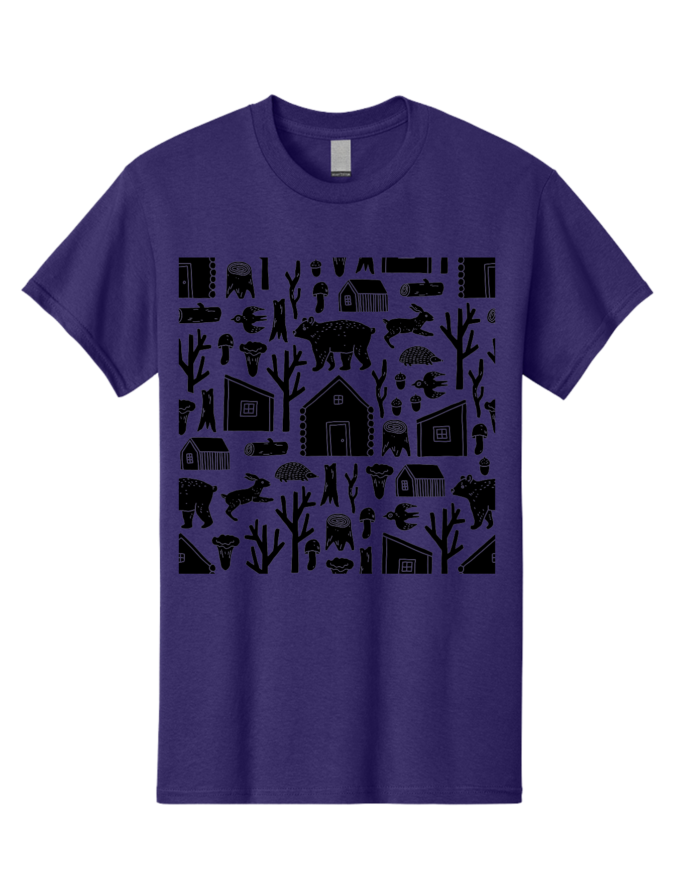 Forest-Pattern Men'S Graphic Tee, 100% Cotton, Comfortable Casual Summer Wear, Machine Washable, Woodland Animals, Forest Scenery, Trees, Houses, Mushrooms, Rabbit, Bear, Log Cabin, Wildlife, Nature-Inspired Design, Cozy Atmosphere, - Aaa594