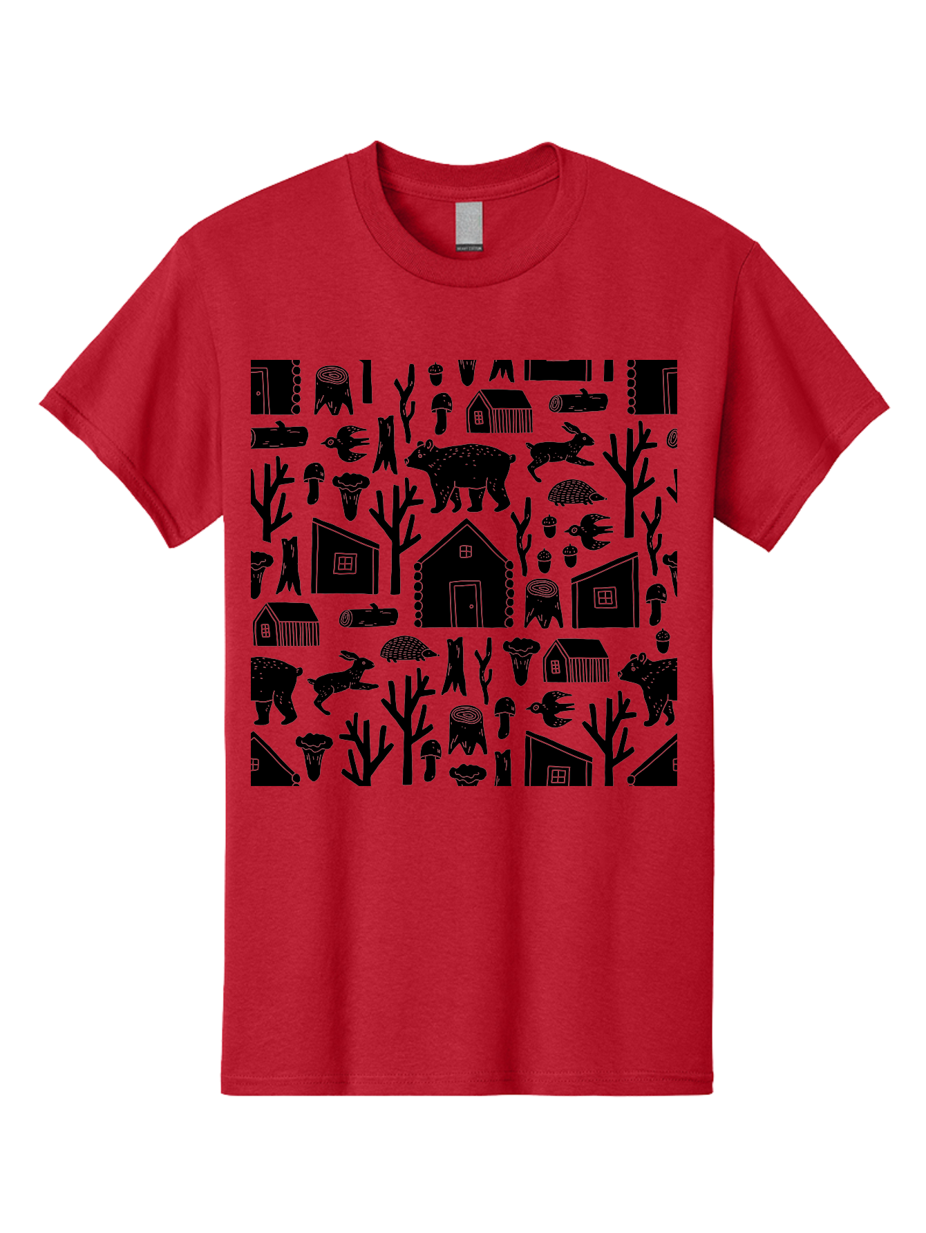 Forest-Pattern Men'S Graphic Tee, 100% Cotton, Comfortable Casual Summer Wear, Machine Washable, Woodland Animals, Forest Scenery, Trees, Houses, Mushrooms, Rabbit, Bear, Log Cabin, Wildlife, Nature-Inspired Design, Cozy Atmosphere, - Aaa594