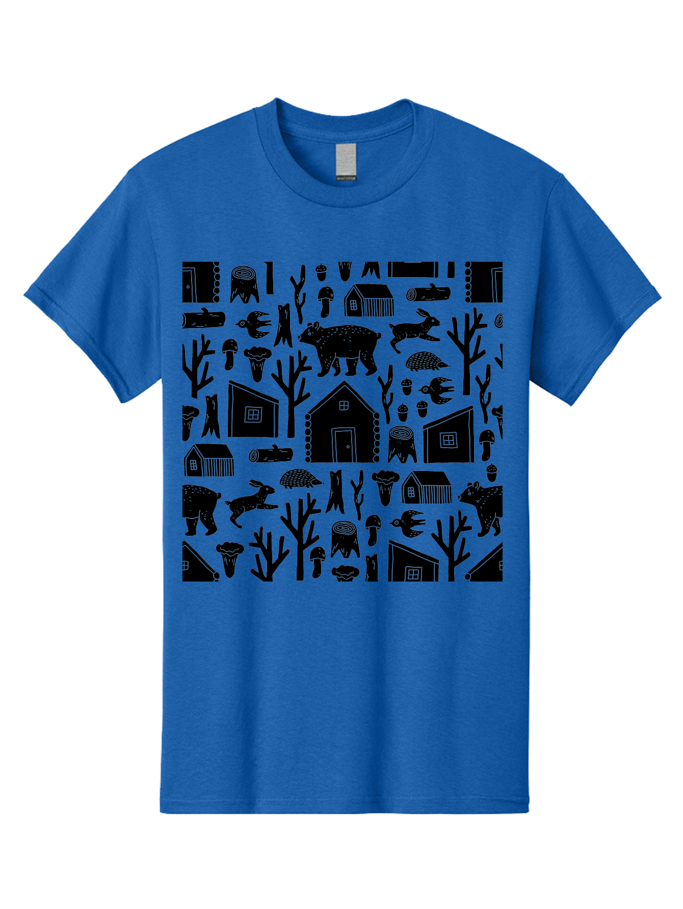 Forest-Pattern Men'S Graphic Tee, 100% Cotton, Comfortable Casual Summer Wear, Machine Washable, Woodland Animals, Forest Scenery, Trees, Houses, Mushrooms, Rabbit, Bear, Log Cabin, Wildlife, Nature-Inspired Design, Cozy Atmosphere, - Aaa594