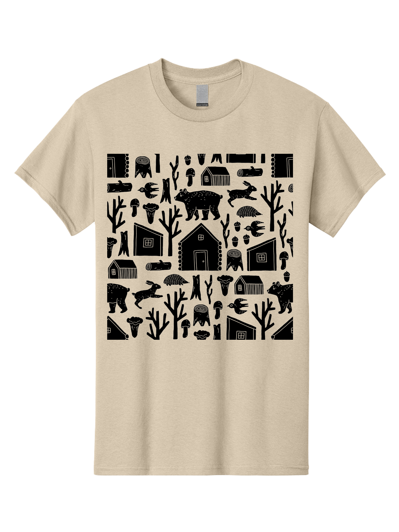 Forest-Pattern Men'S Graphic Tee, 100% Cotton, Comfortable Casual Summer Wear, Machine Washable, Woodland Animals, Forest Scenery, Trees, Houses, Mushrooms, Rabbit, Bear, Log Cabin, Wildlife, Nature-Inspired Design, Cozy Atmosphere, - Aaa594
