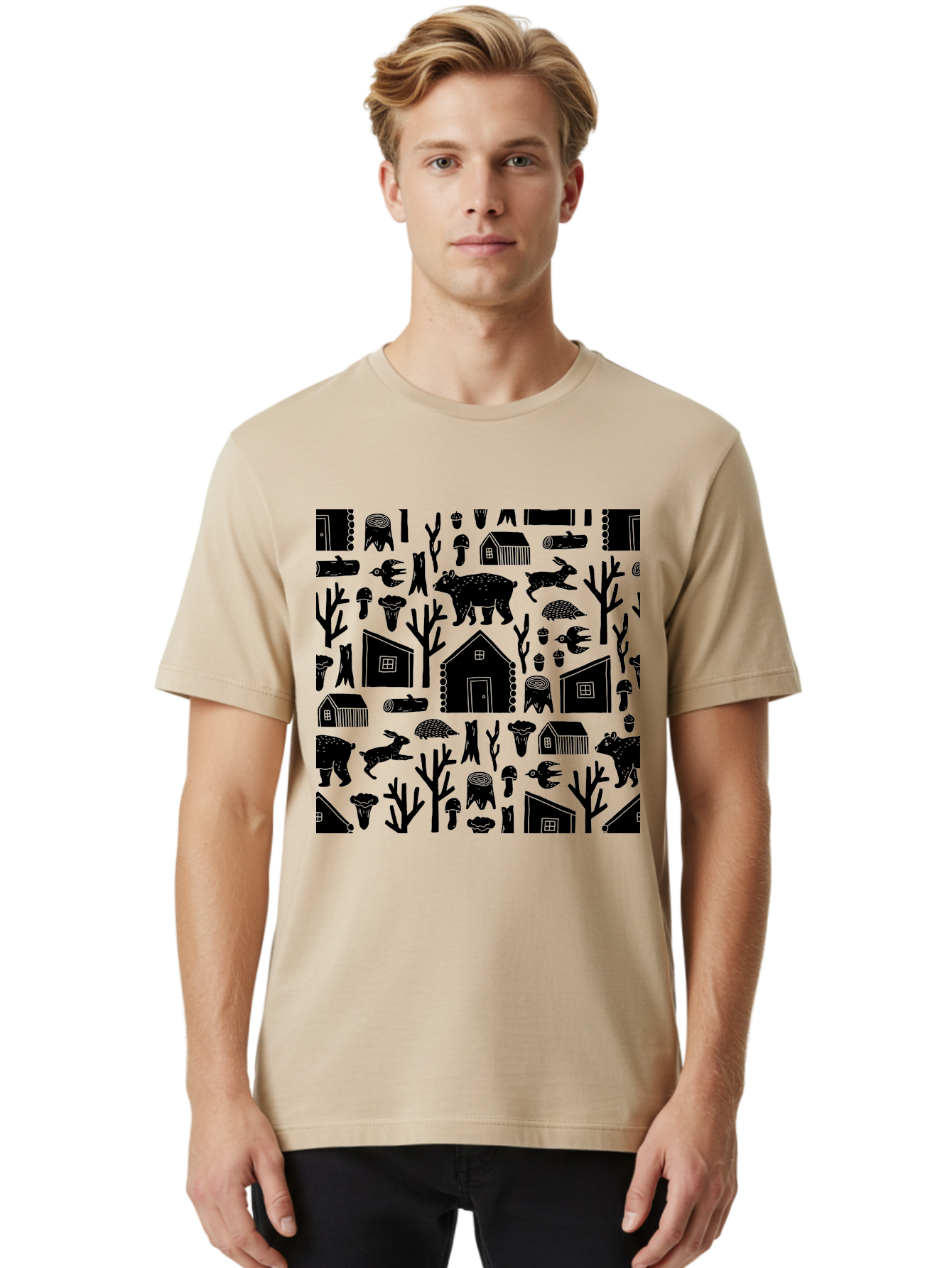 Forest-Pattern Men'S Graphic Tee, 100% Cotton, Comfortable Casual Summer Wear, Machine Washable, Woodland Animals, Forest Scenery, Trees, Houses, Mushrooms, Rabbit, Bear, Log Cabin, Wildlife, Nature-Inspired Design, Cozy Atmosphere, - Aaa594