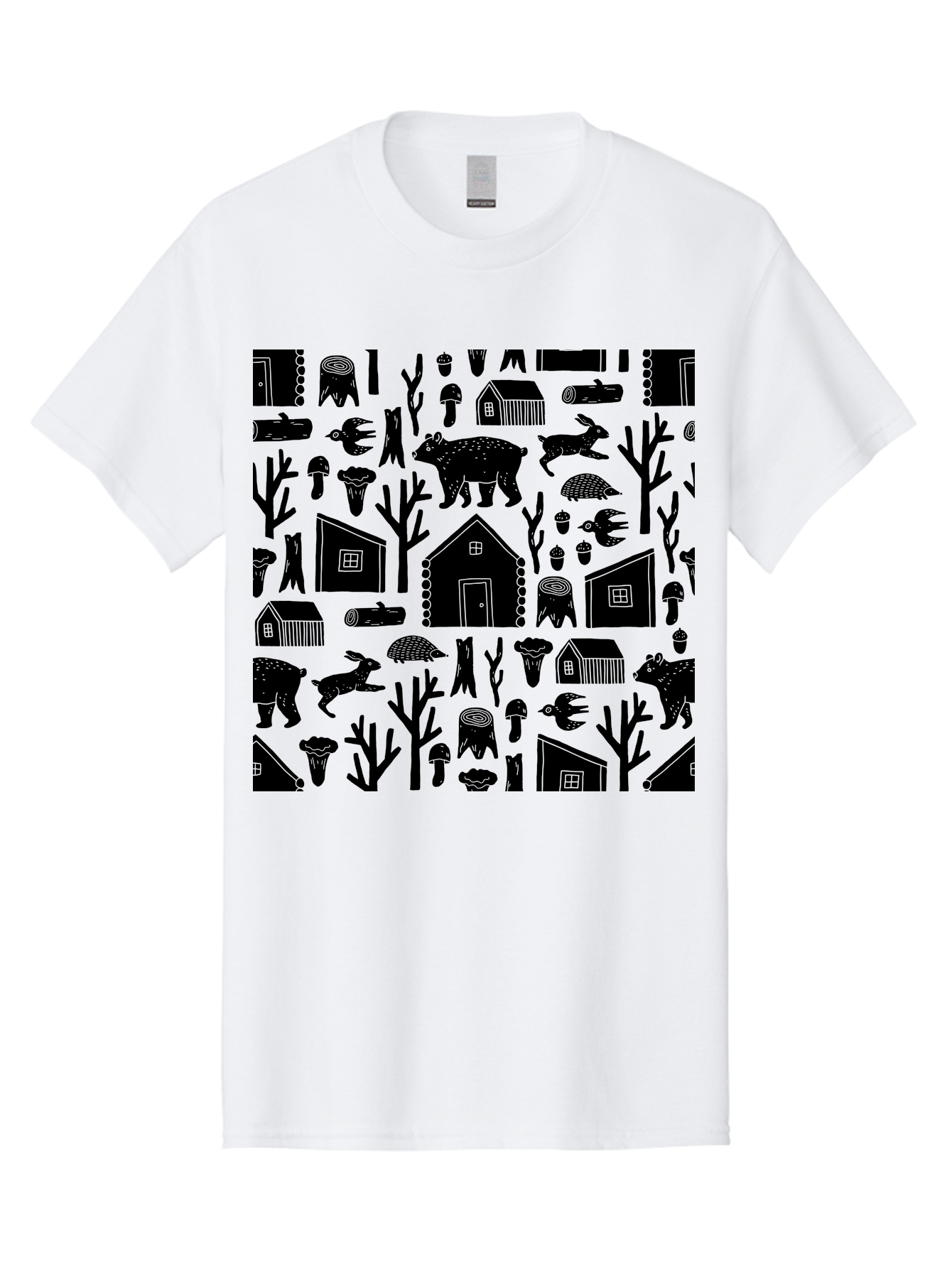 Forest-Pattern Men'S Graphic Tee, 100% Cotton, Comfortable Casual Summer Wear, Machine Washable, Woodland Animals, Forest Scenery, Trees, Houses, Mushrooms, Rabbit, Bear, Log Cabin, Wildlife, Nature-Inspired Design, Cozy Atmosphere, - Aaa594