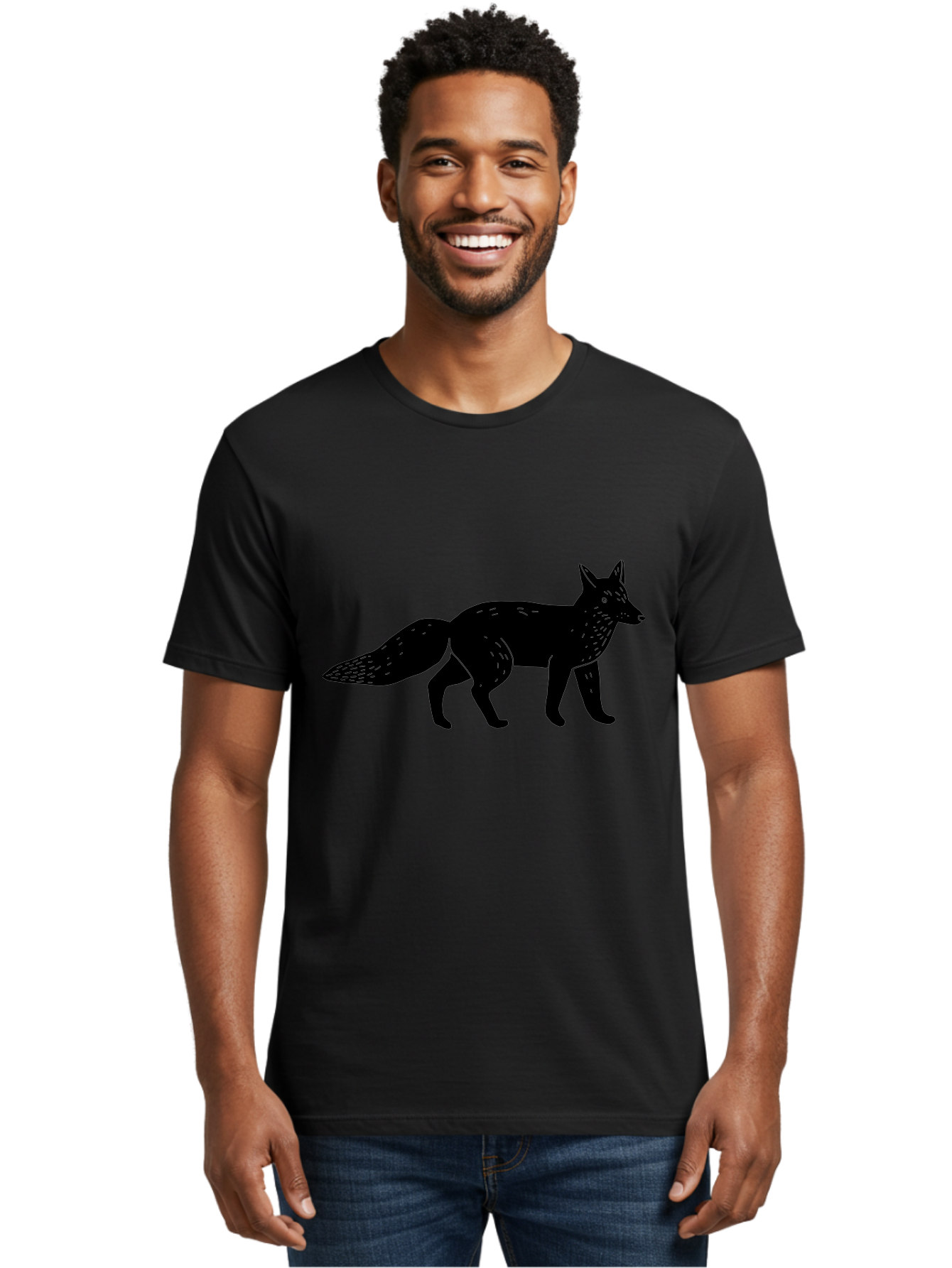 Fox-Silhouette Men'S Graphic Tee, 100% Cotton, Comfortable Casual Summer Wear, Machine Washable, Fox Silhouette, Black Fox Graphic, Wildlife Illustration, Animal Art, Forest Creature, Wild Animal, Graphic Design - Aaa595