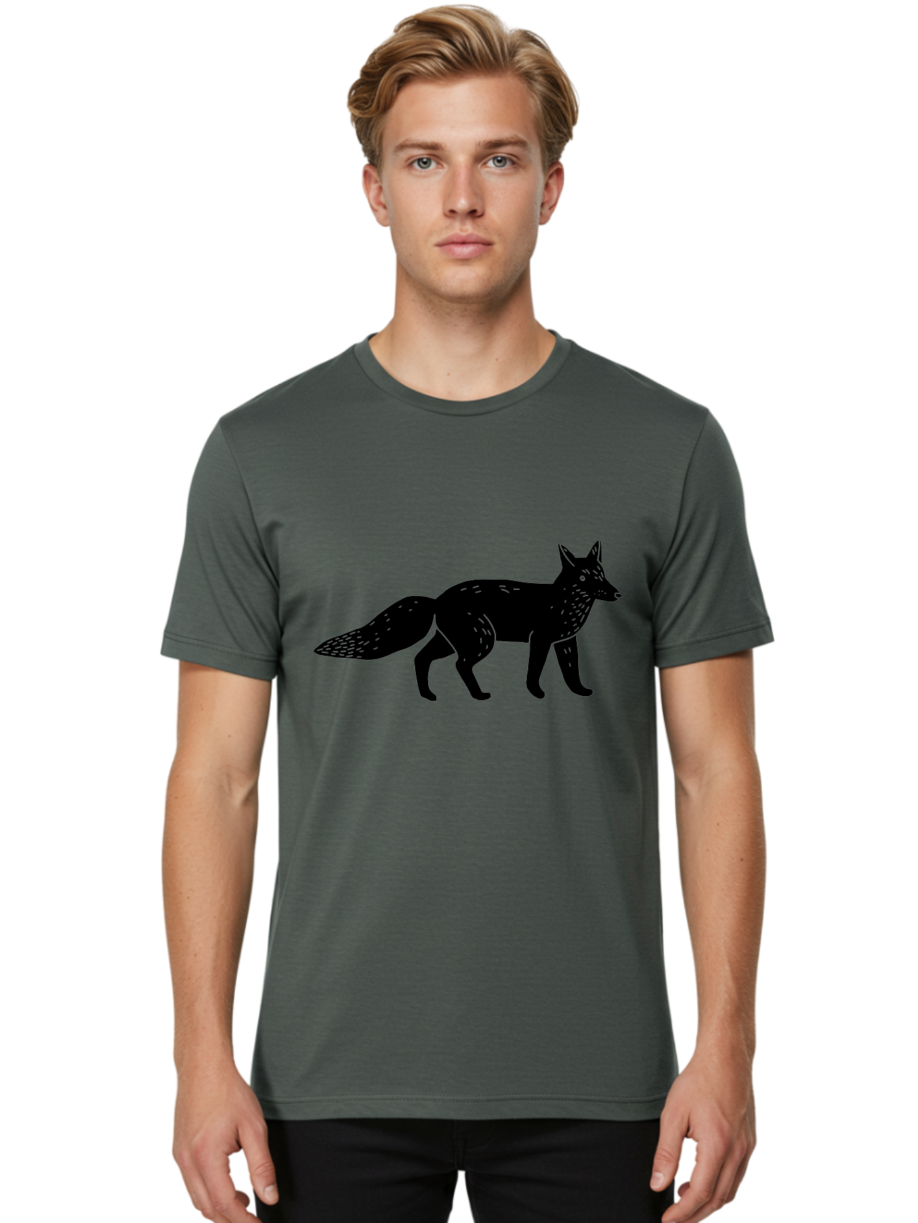 Fox-Silhouette Men'S Graphic Tee, 100% Cotton, Comfortable Casual Summer Wear, Machine Washable, Fox Silhouette, Black Fox Graphic, Wildlife Illustration, Animal Art, Forest Creature, Wild Animal, Graphic Design - Aaa595