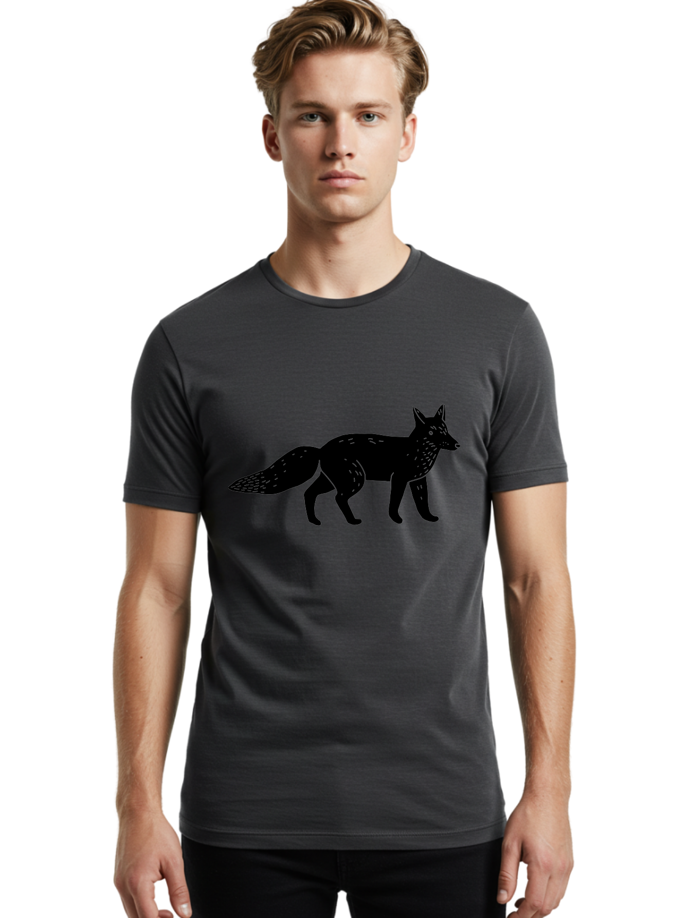 Fox-Silhouette Men'S Graphic Tee, 100% Cotton, Comfortable Casual Summer Wear, Machine Washable, Fox Silhouette, Black Fox Graphic, Wildlife Illustration, Animal Art, Forest Creature, Wild Animal, Graphic Design - Aaa595