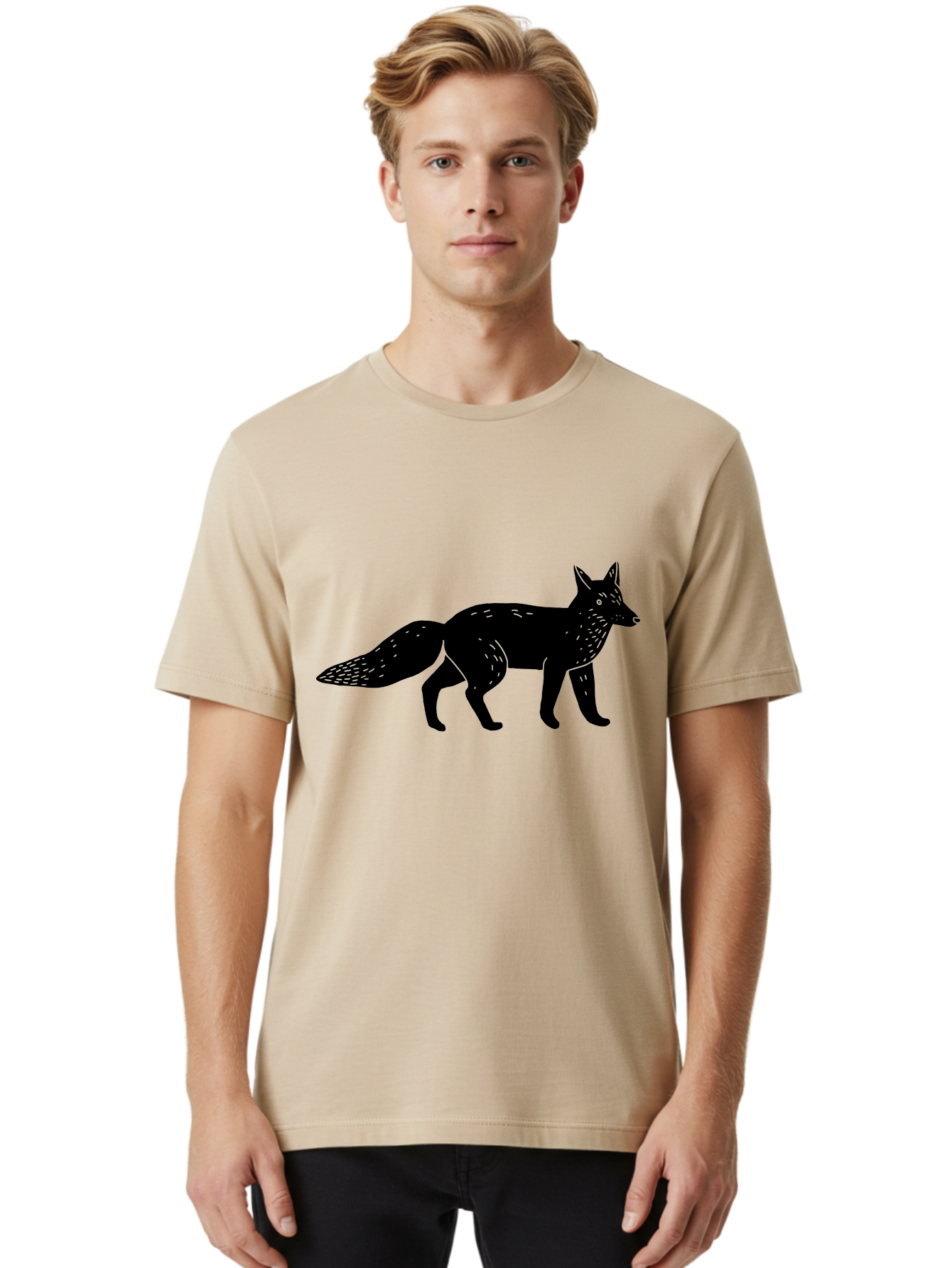 Fox-Silhouette Men'S Graphic Tee, 100% Cotton, Comfortable Casual Summer Wear, Machine Washable, Fox Silhouette, Black Fox Graphic, Wildlife Illustration, Animal Art, Forest Creature, Wild Animal, Graphic Design - Aaa595