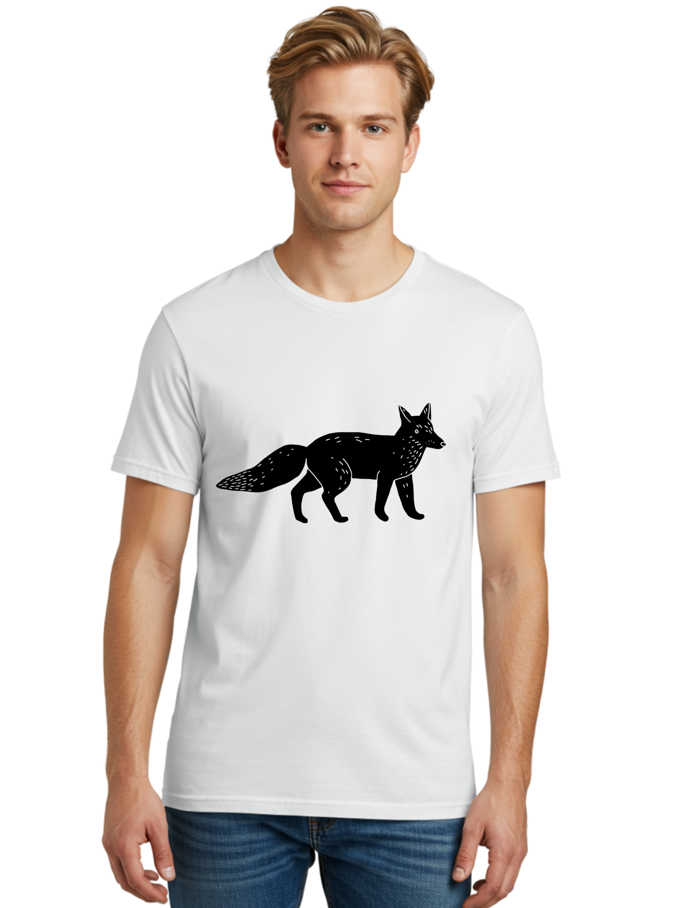 Fox-Silhouette Men'S Graphic Tee, 100% Cotton, Comfortable Casual Summer Wear, Machine Washable, Fox Silhouette, Black Fox Graphic, Wildlife Illustration, Animal Art, Forest Creature, Wild Animal, Graphic Design - Aaa595