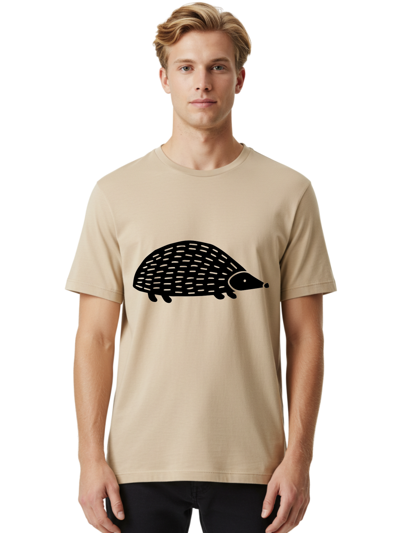 Hedgehog Men'S Graphic Tee, 100% Cotton, Comfortable Casual Summer Wear, Machine Washable, Hedgehog Silhouette, Simple Illustration, Minimalist Design, Cute Animal, Prickly Creature, Small Legs, Dotted Pattern, Bold Lines, Quirky Art - Aaa597