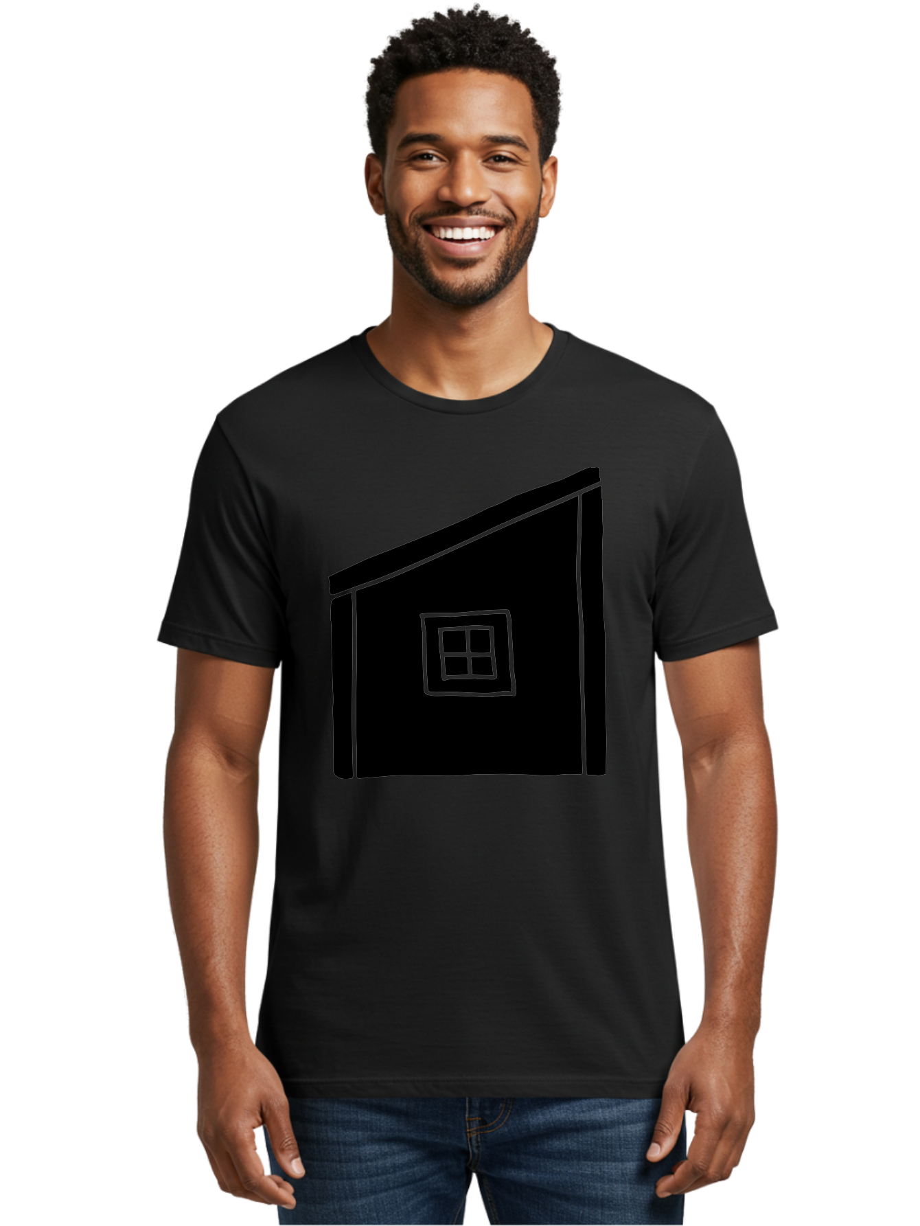House Men'S Graphic Tee, 100% Cotton, Comfortable Casual Summer Wear, Machine Washable, Simple House Design, Minimalist Architecture, Black House Silhouette, Neon Green Outline, Four-Paned Window, Modern Home Decor, - Aaa599