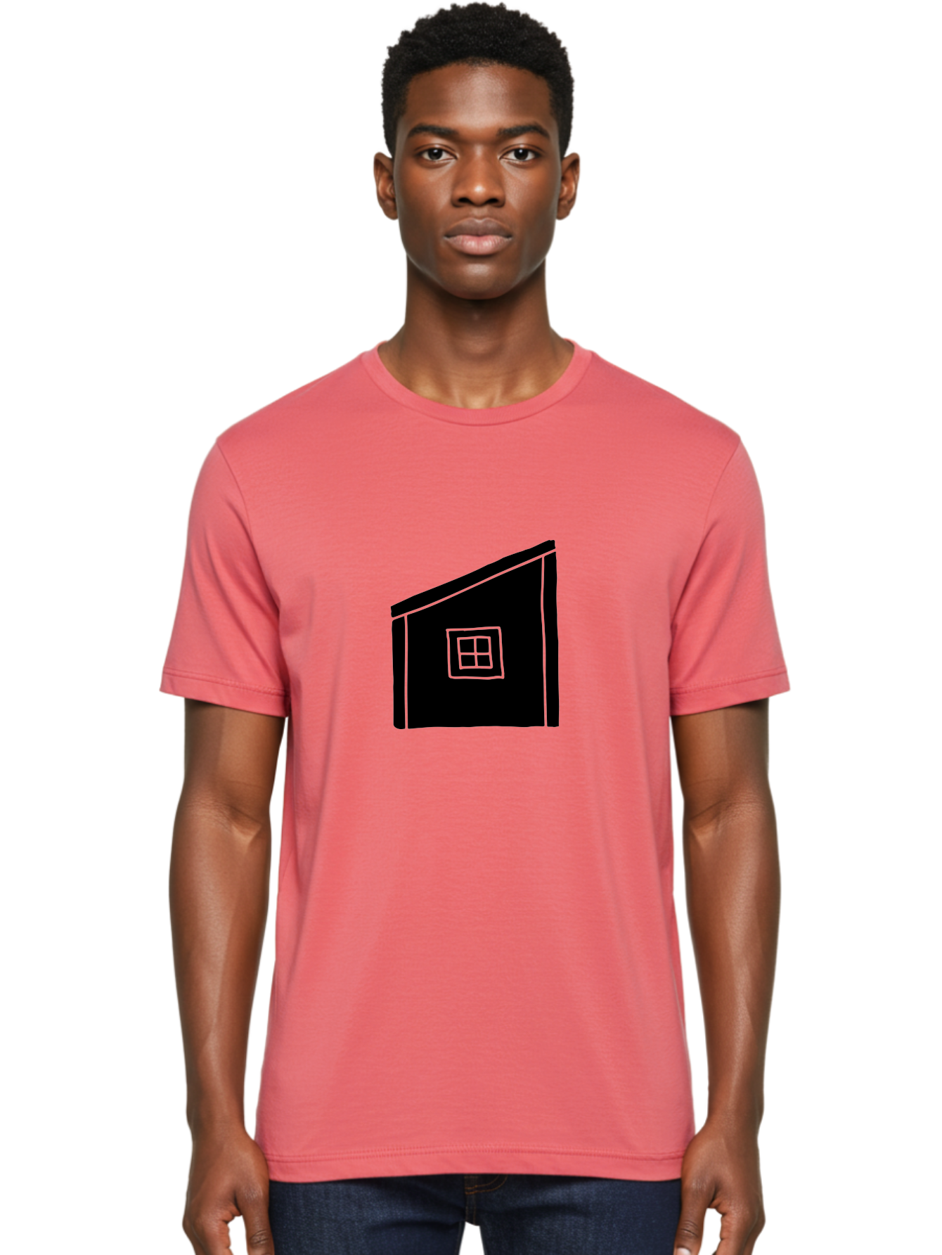 House Men'S Graphic Tee, 100% Cotton, Comfortable Casual Summer Wear, Machine Washable, Simple House Design, Minimalist Architecture, Black House Silhouette, Neon Green Outline, Four-Paned Window, Modern Home Decor, - Aaa599