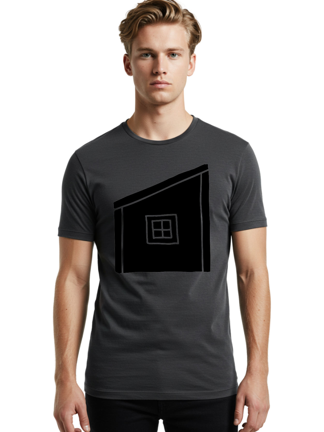 House Men'S Graphic Tee, 100% Cotton, Comfortable Casual Summer Wear, Machine Washable, Simple House Design, Minimalist Architecture, Black House Silhouette, Neon Green Outline, Four-Paned Window, Modern Home Decor, - Aaa599