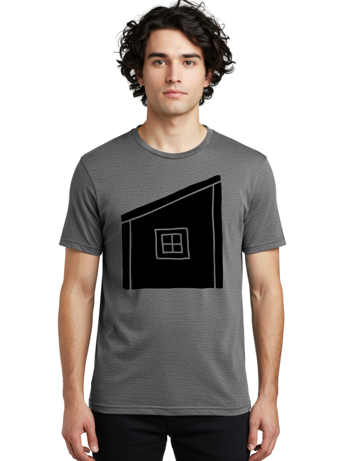 House Men'S Graphic Tee, 100% Cotton, Comfortable Casual Summer Wear, Machine Washable, Simple House Design, Minimalist Architecture, Black House Silhouette, Neon Green Outline, Four-Paned Window, Modern Home Decor, - Aaa599