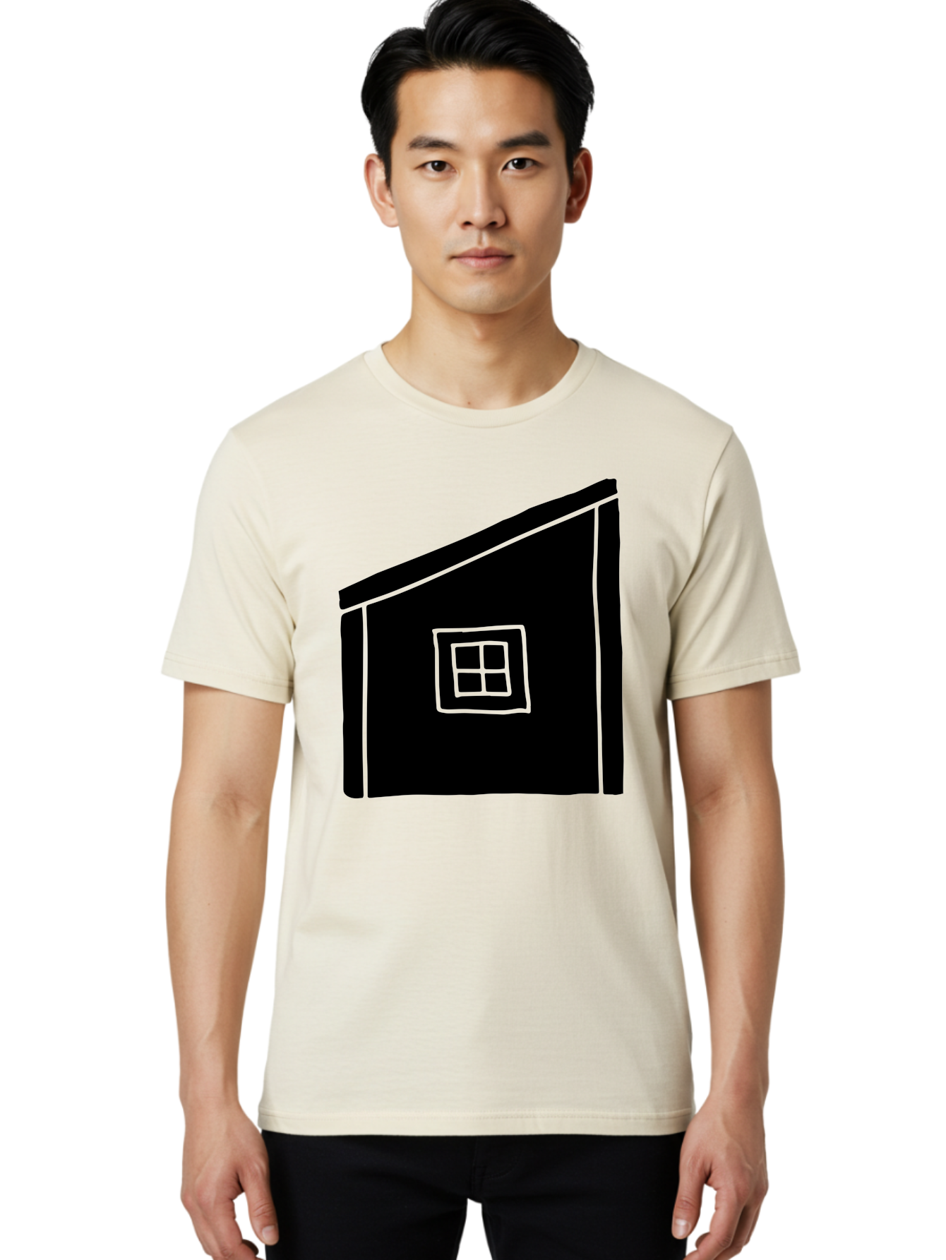 House Men'S Graphic Tee, 100% Cotton, Comfortable Casual Summer Wear, Machine Washable, Simple House Design, Minimalist Architecture, Black House Silhouette, Neon Green Outline, Four-Paned Window, Modern Home Decor, - Aaa599