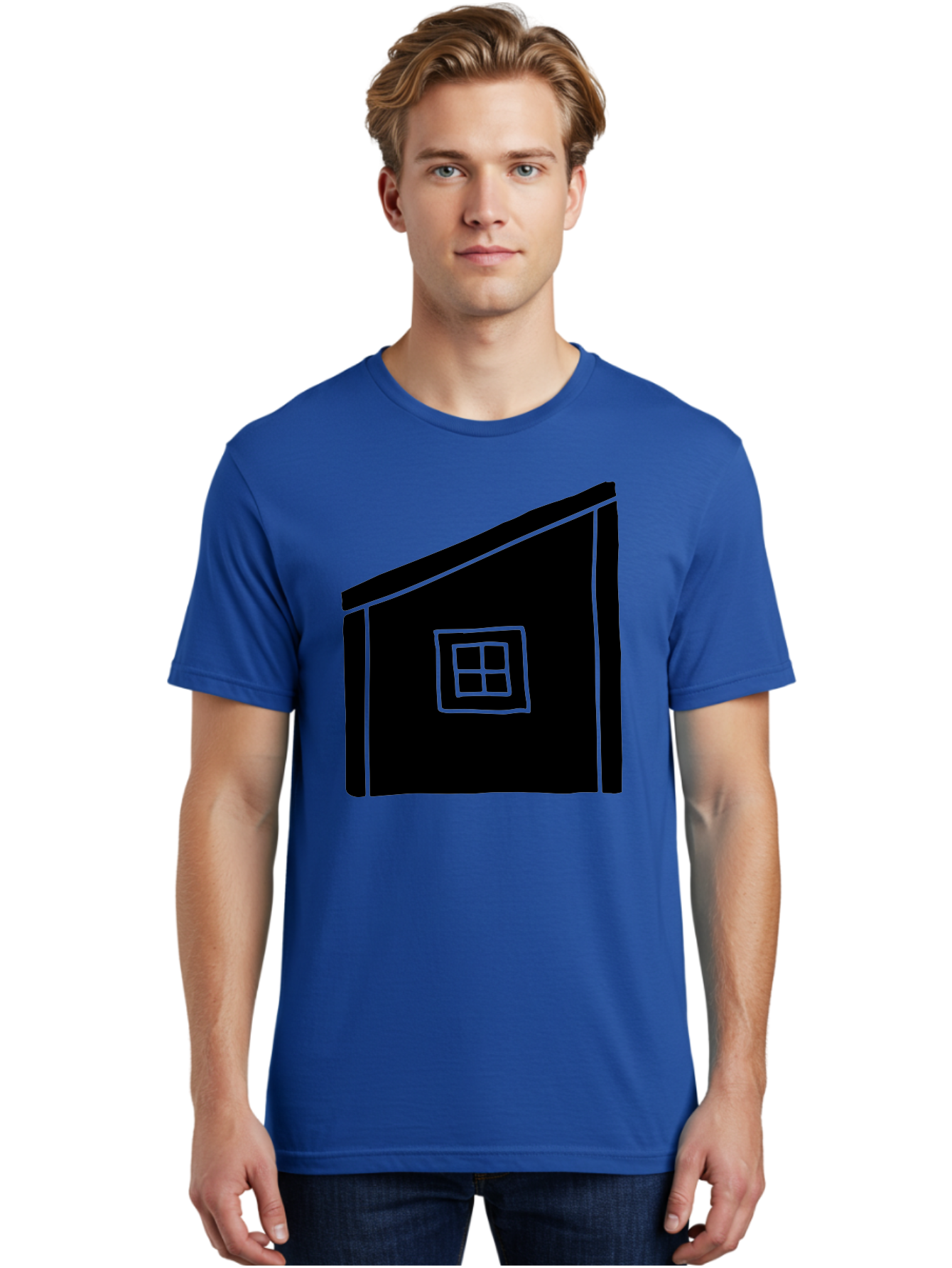 House Men'S Graphic Tee, 100% Cotton, Comfortable Casual Summer Wear, Machine Washable, Simple House Design, Minimalist Architecture, Black House Silhouette, Neon Green Outline, Four-Paned Window, Modern Home Decor, - Aaa599