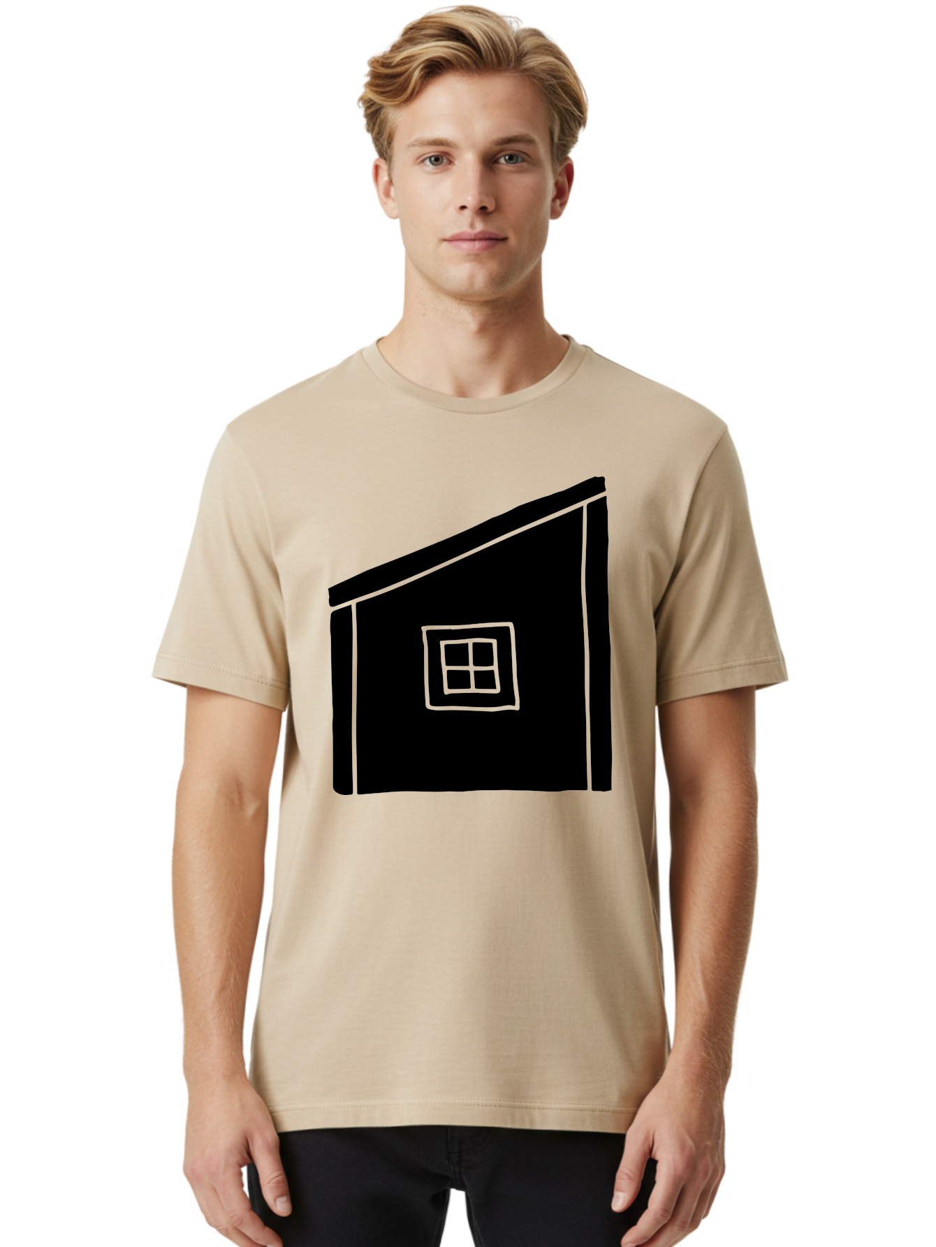 House Men'S Graphic Tee, 100% Cotton, Comfortable Casual Summer Wear, Machine Washable, Simple House Design, Minimalist Architecture, Black House Silhouette, Neon Green Outline, Four-Paned Window, Modern Home Decor, - Aaa599