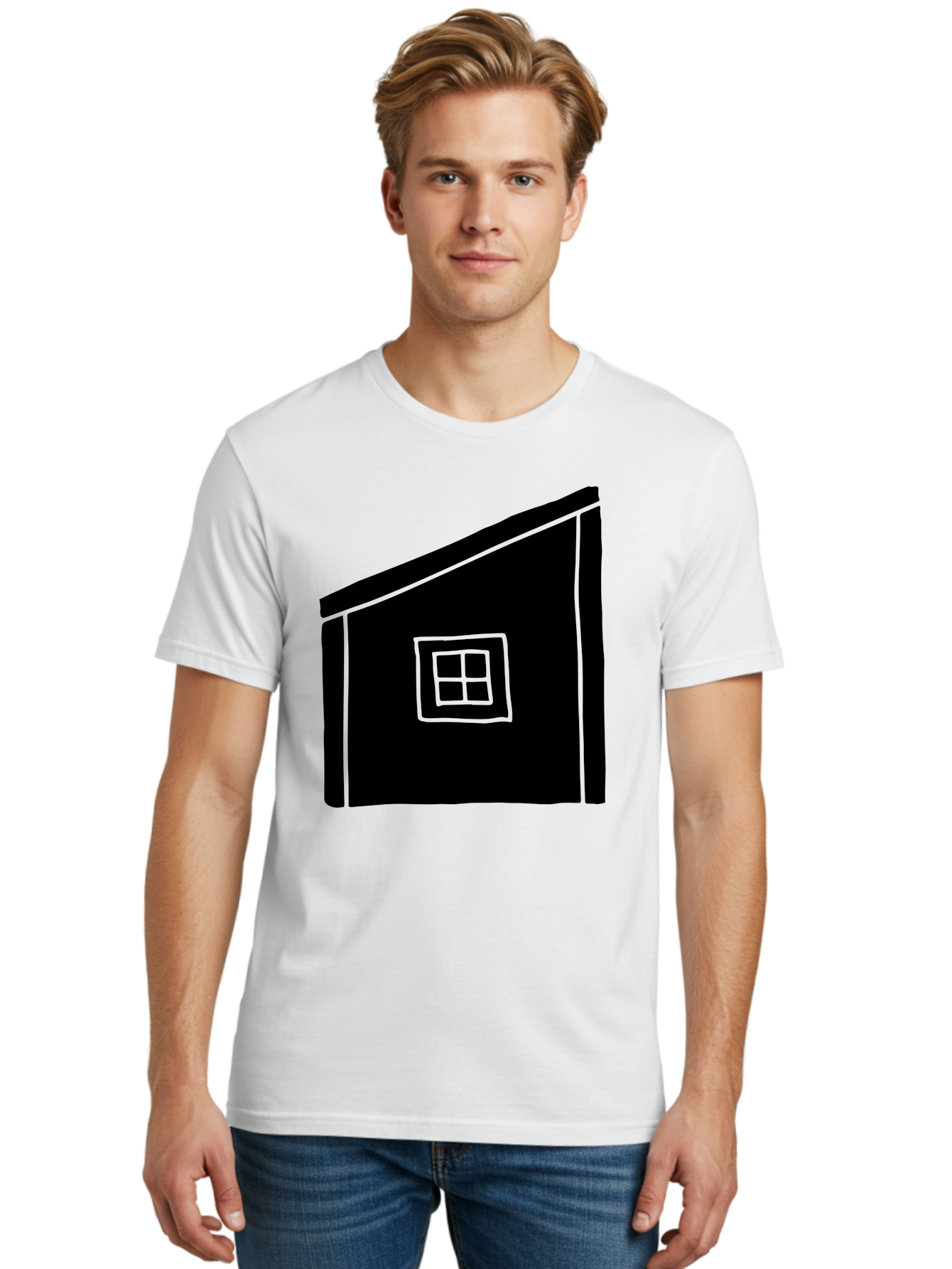 House Men'S Graphic Tee, 100% Cotton, Comfortable Casual Summer Wear, Machine Washable, Simple House Design, Minimalist Architecture, Black House Silhouette, Neon Green Outline, Four-Paned Window, Modern Home Decor, - Aaa599