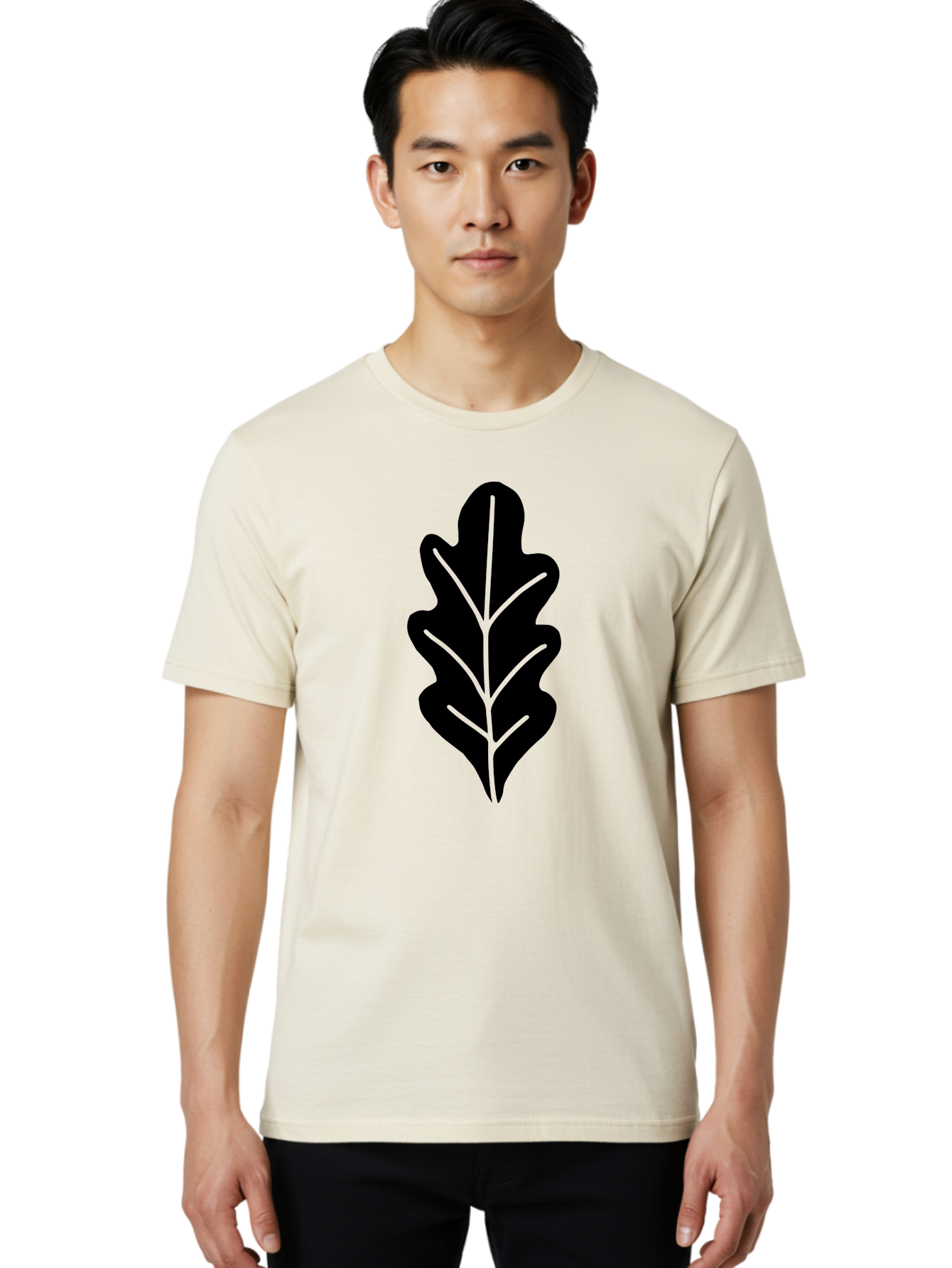 Leaf-Silhouette Men'S Graphic Tee, 100% Cotton, Comfortable Casual Summer Wear, Machine Washable, Leaf Silhouette, Foliage Icon, Simple Leaf Design, Nature-Inspired Graphic, Black Leaf Shape, Neon Green Veins, Minimalist Illustration, - Aaa601